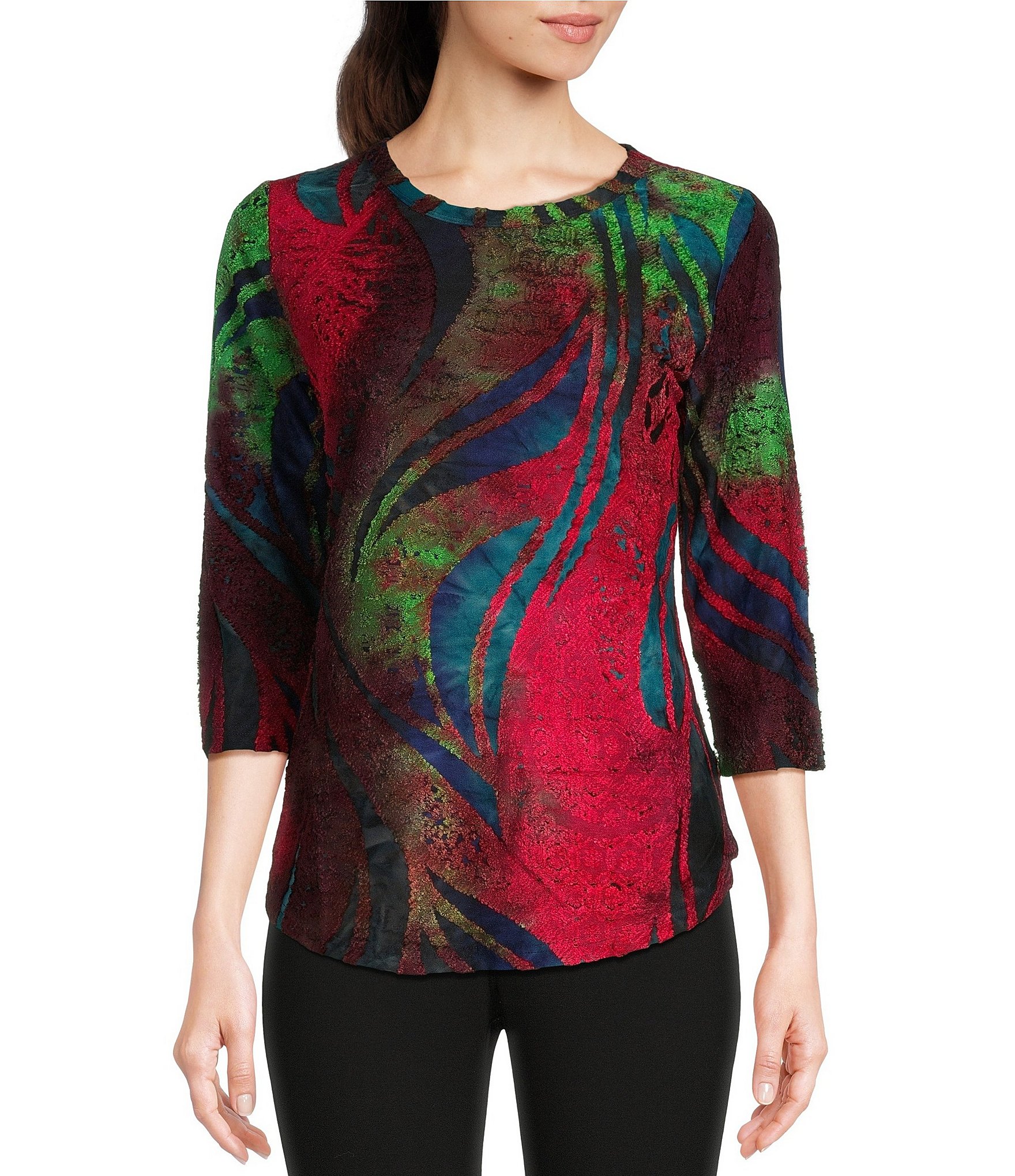 Calessa Jacquard Burnout Knit Crew Neck 3/4 Sleeve Abstract Tie Dye ...