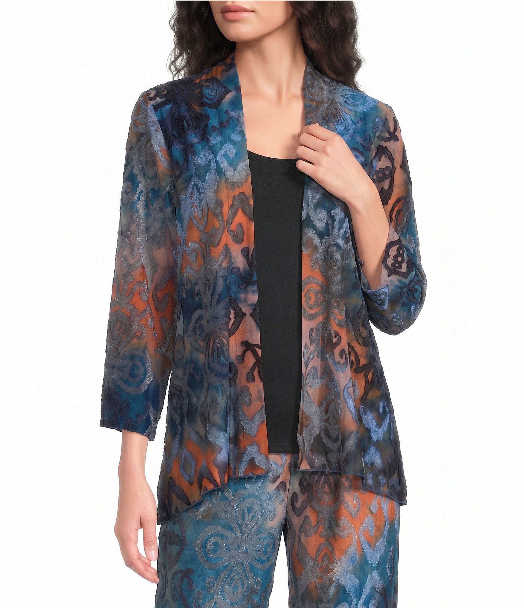 Calessa Knit Burnout Draped Front 3/4 Sleeve Open Front Coordinating Cardigan