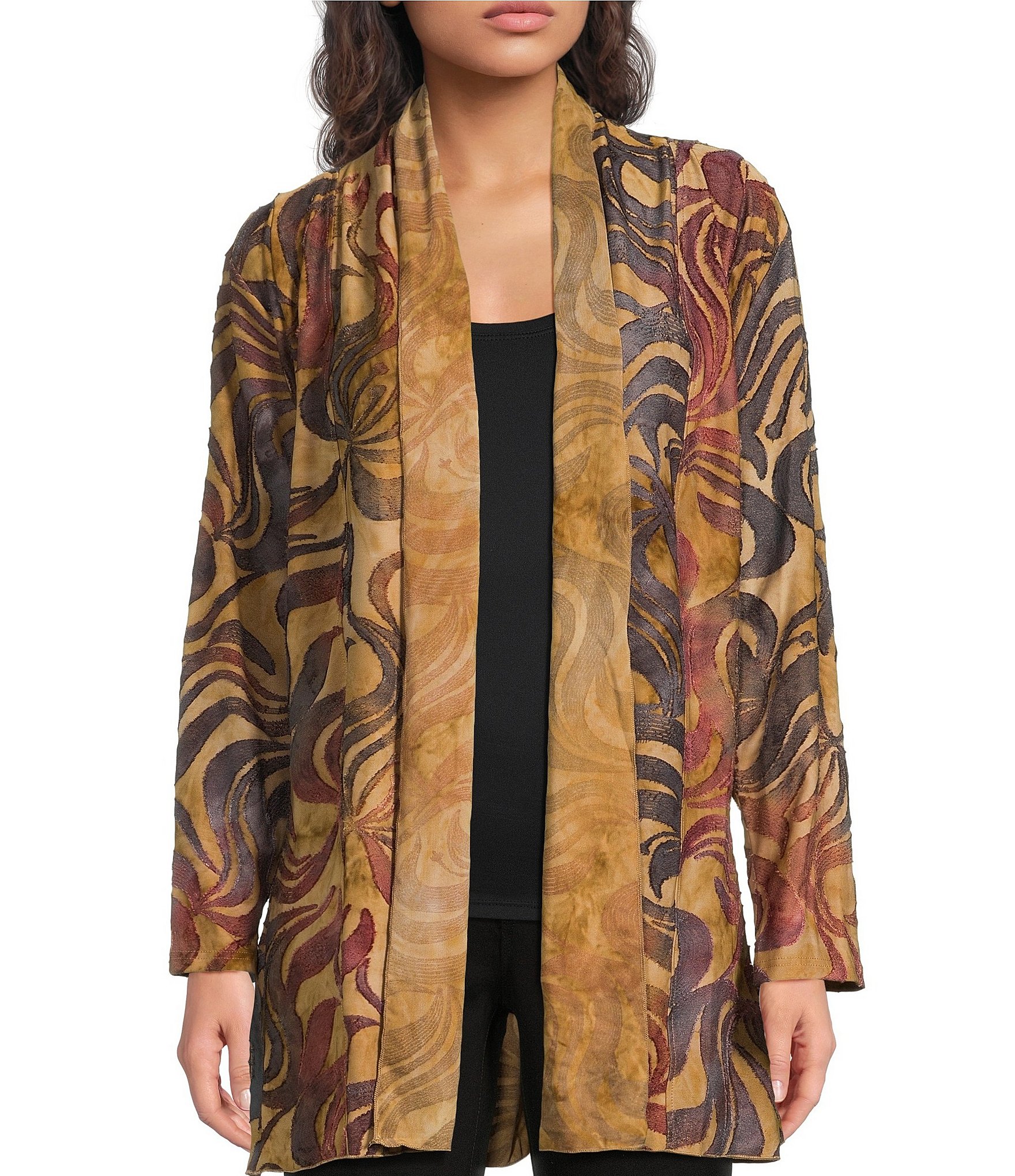 Calessa Knit Burnout Tie-Dye Camel MultiPrint Wrist Sleeve Open-Front Cardigan