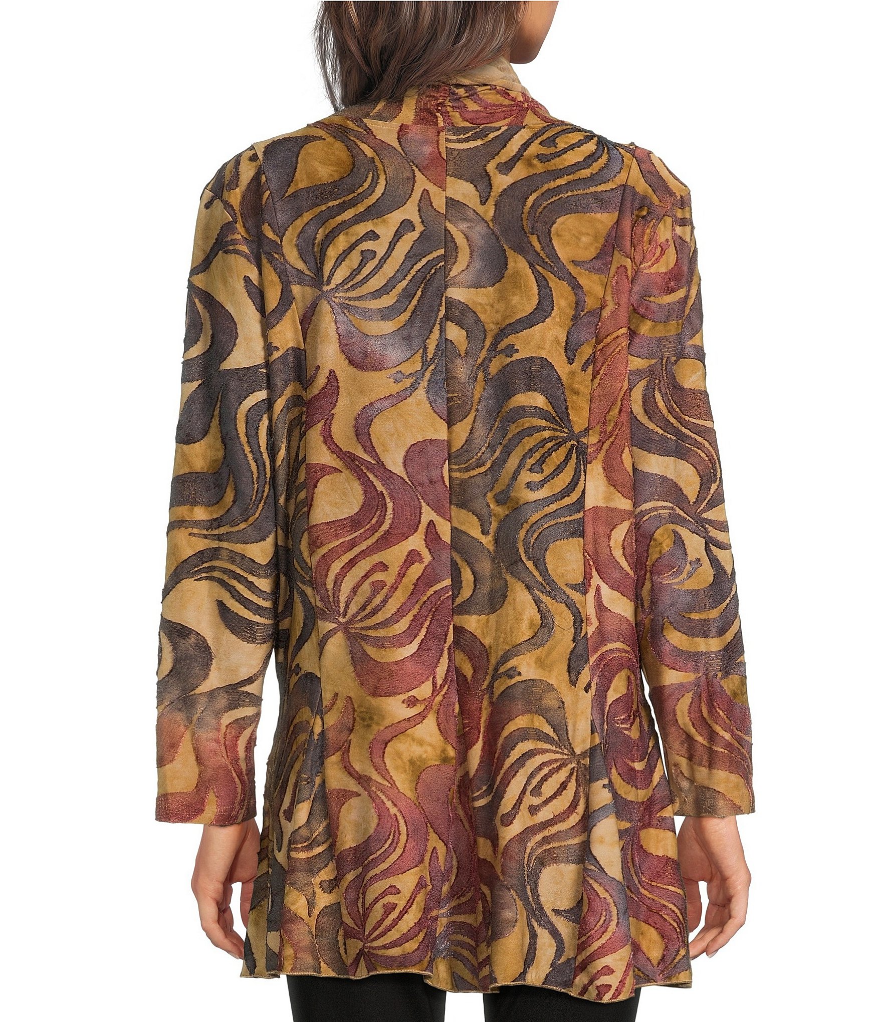 Calessa Knit Burnout Tie-Dye Camel MultiPrint Wrist Sleeve Open-Front Cardigan