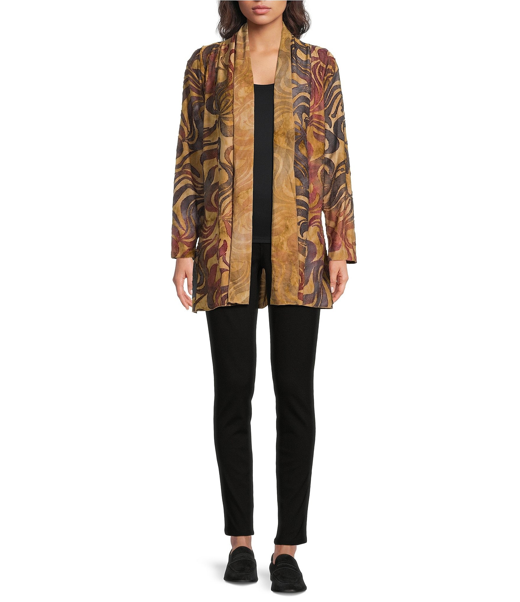 Calessa Knit Burnout Tie-Dye Camel MultiPrint Wrist Sleeve Open-Front Cardigan