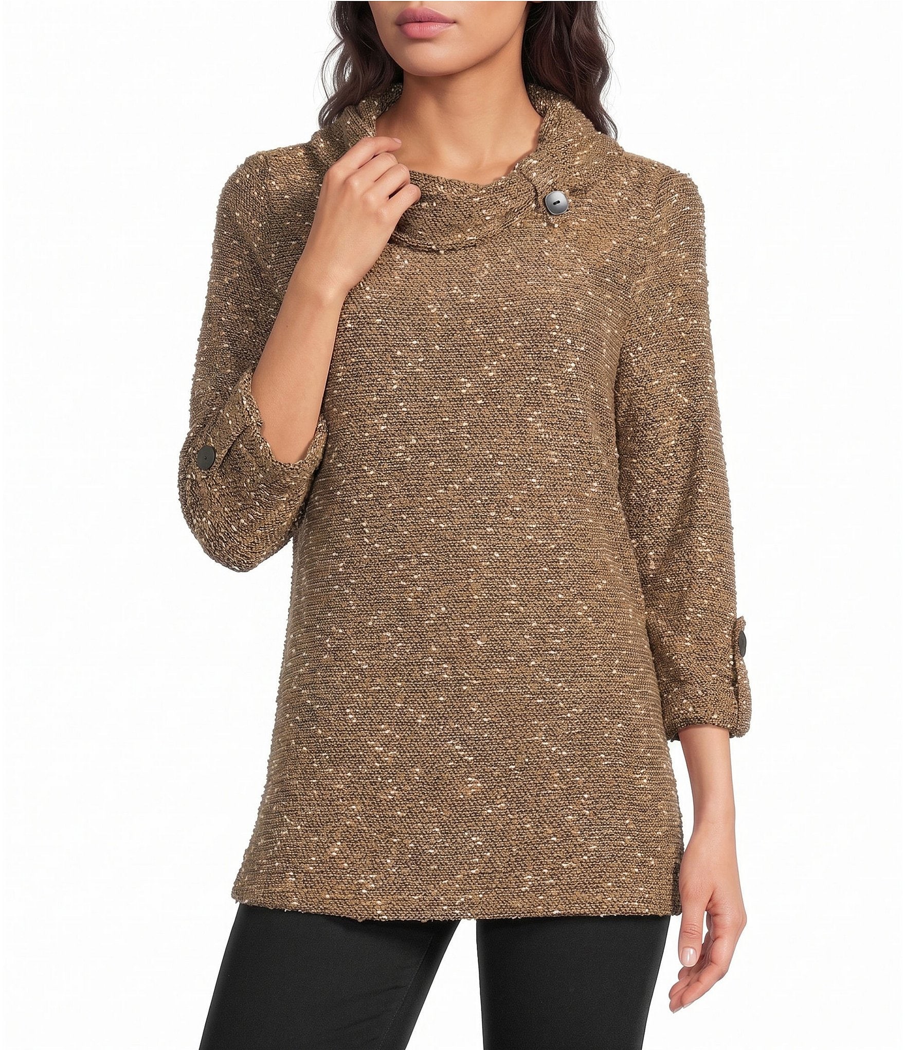 Calessa Knit Cowl Neck Long Roll-Tab Sleeve Tunic