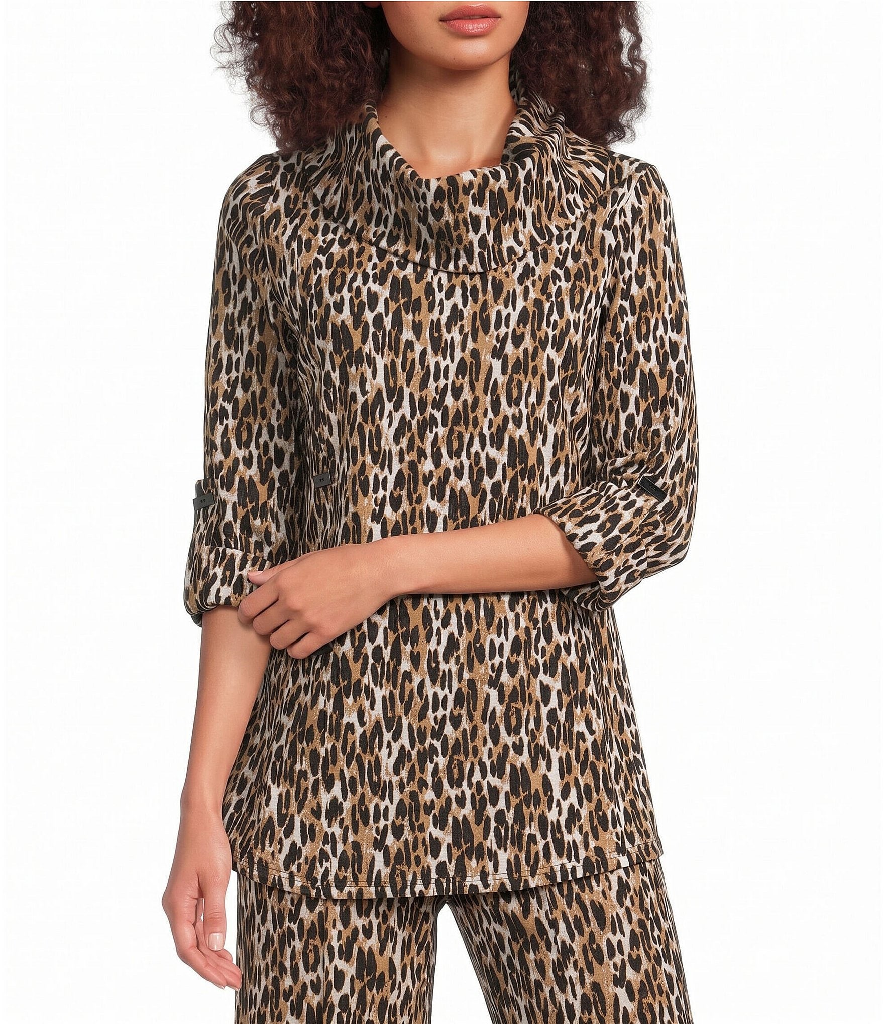 Calessa Knit Leopard Cowl Neck 3/4 Roll-Tab Sleeve Coordinating Tunic