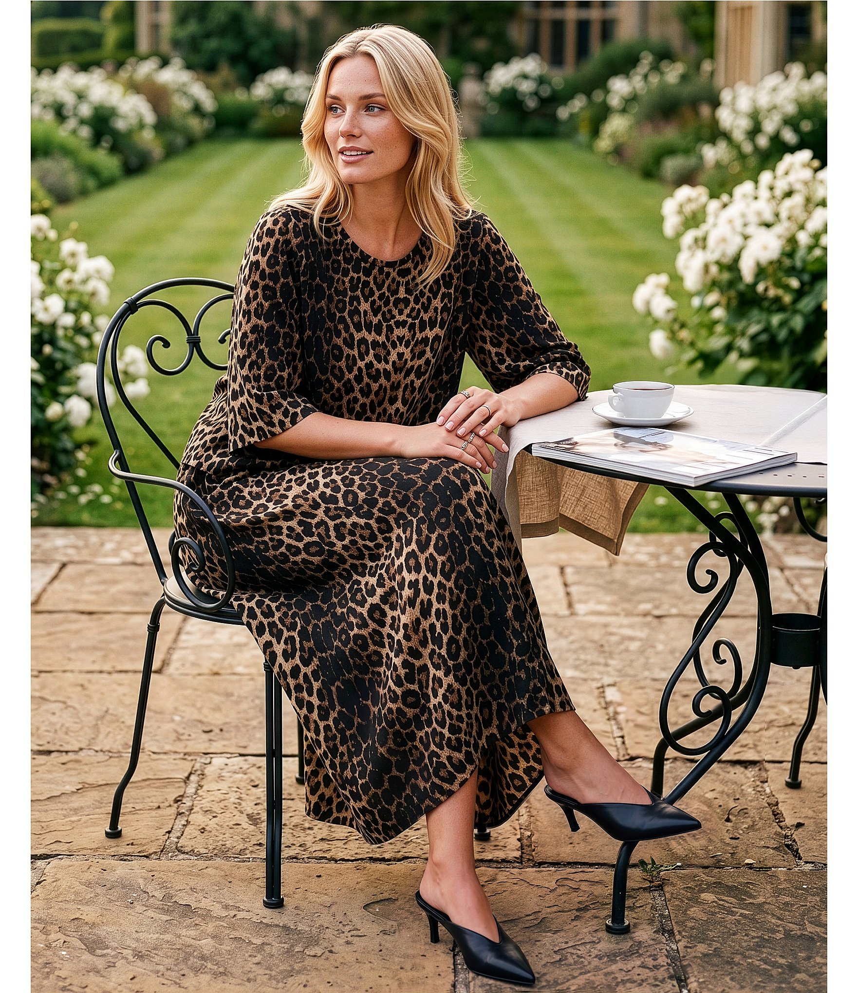 Calessa Knit Leopard Print Pull-On A-Line Midi Skirt