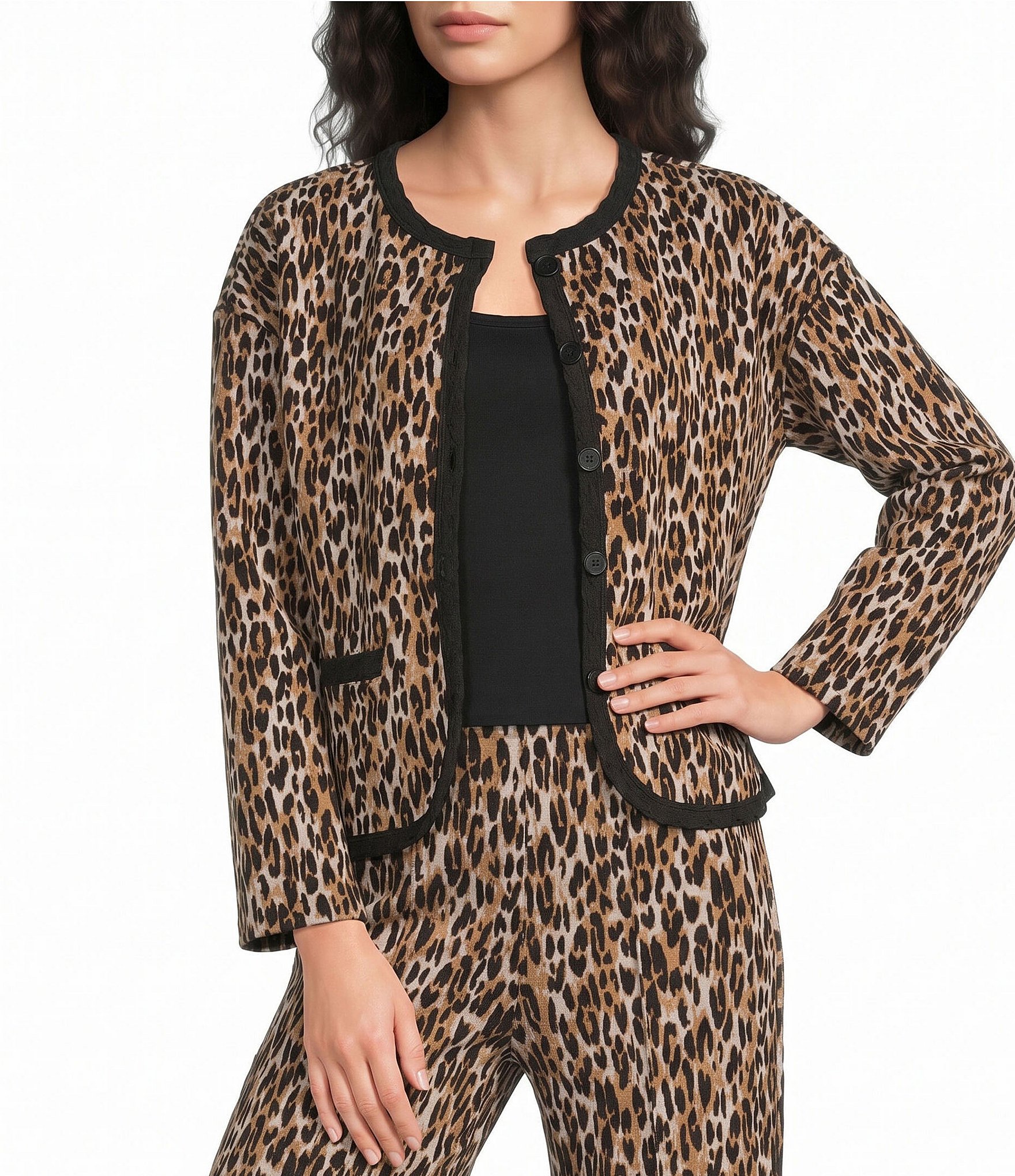 Calessa Knit Leopard Print Round Neck Long Sleeve Button Front Coordinating Jacket