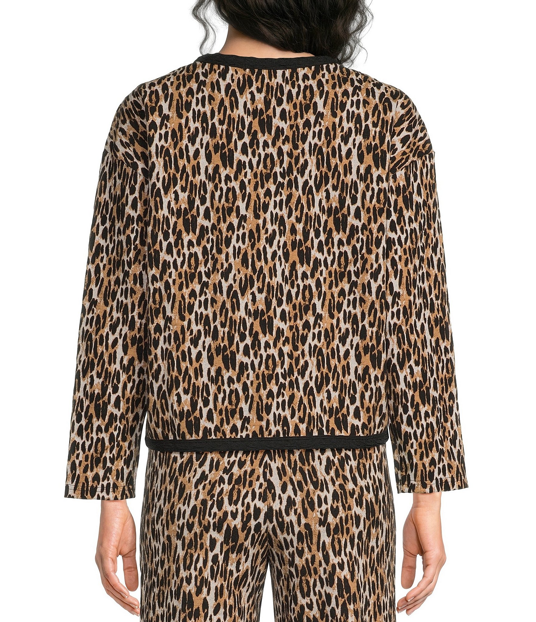 Calessa Knit Leopard Print Round Neck Long Sleeve Button Front Coordinating Jacket