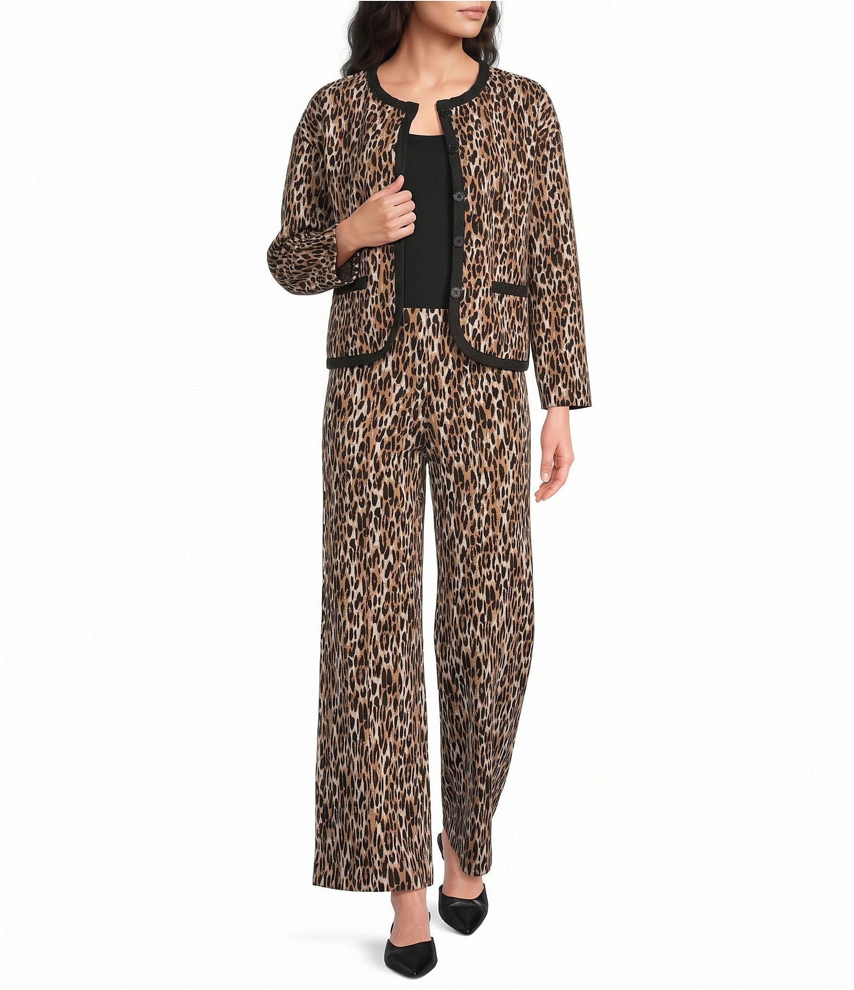 Calessa Knit Leopard Print Round Neck Long Sleeve Button Front Coordinating Jacket