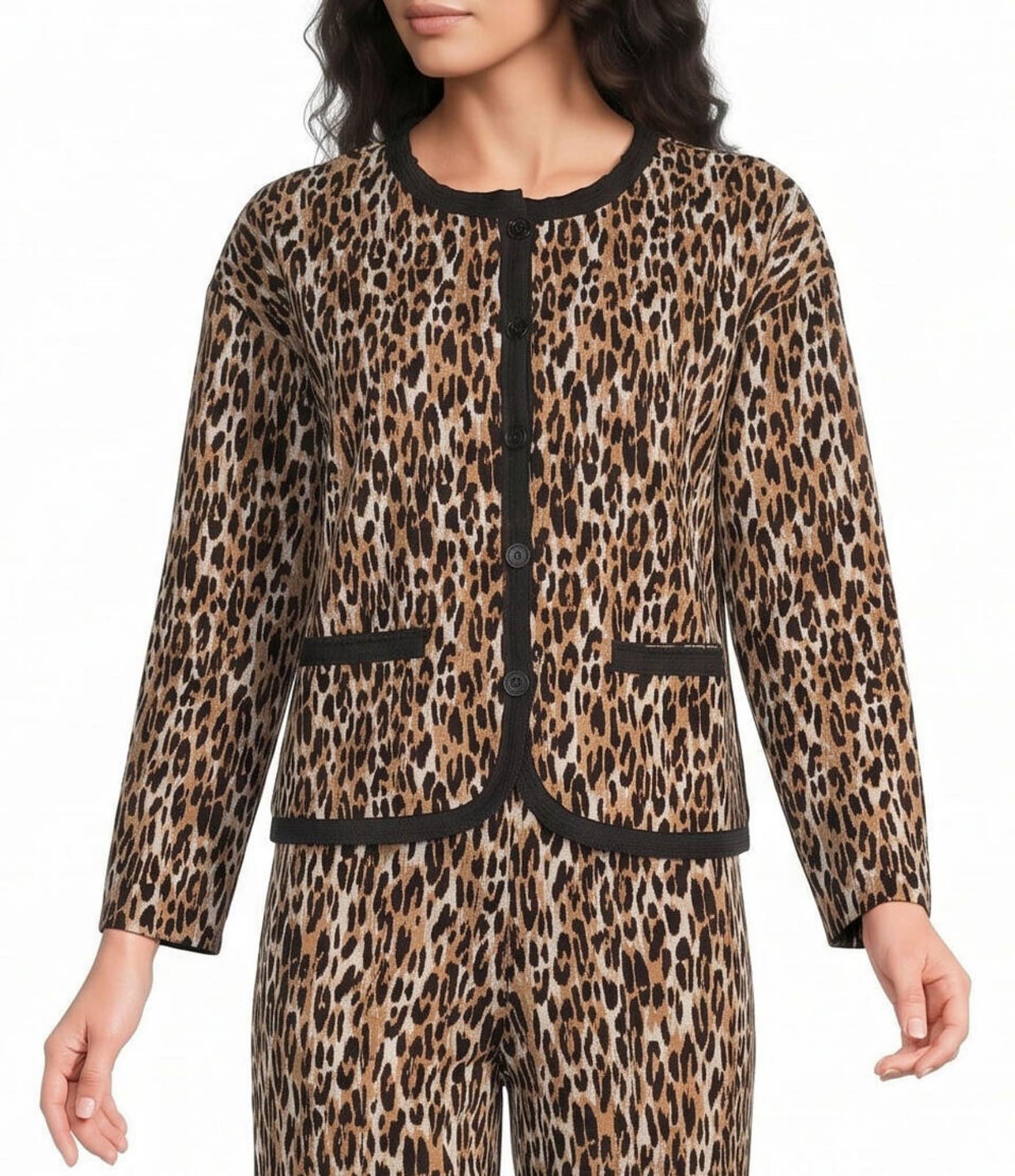 Calessa Knit Leopard Print Round Neck Long Sleeve Button Front Coordinating Jacket