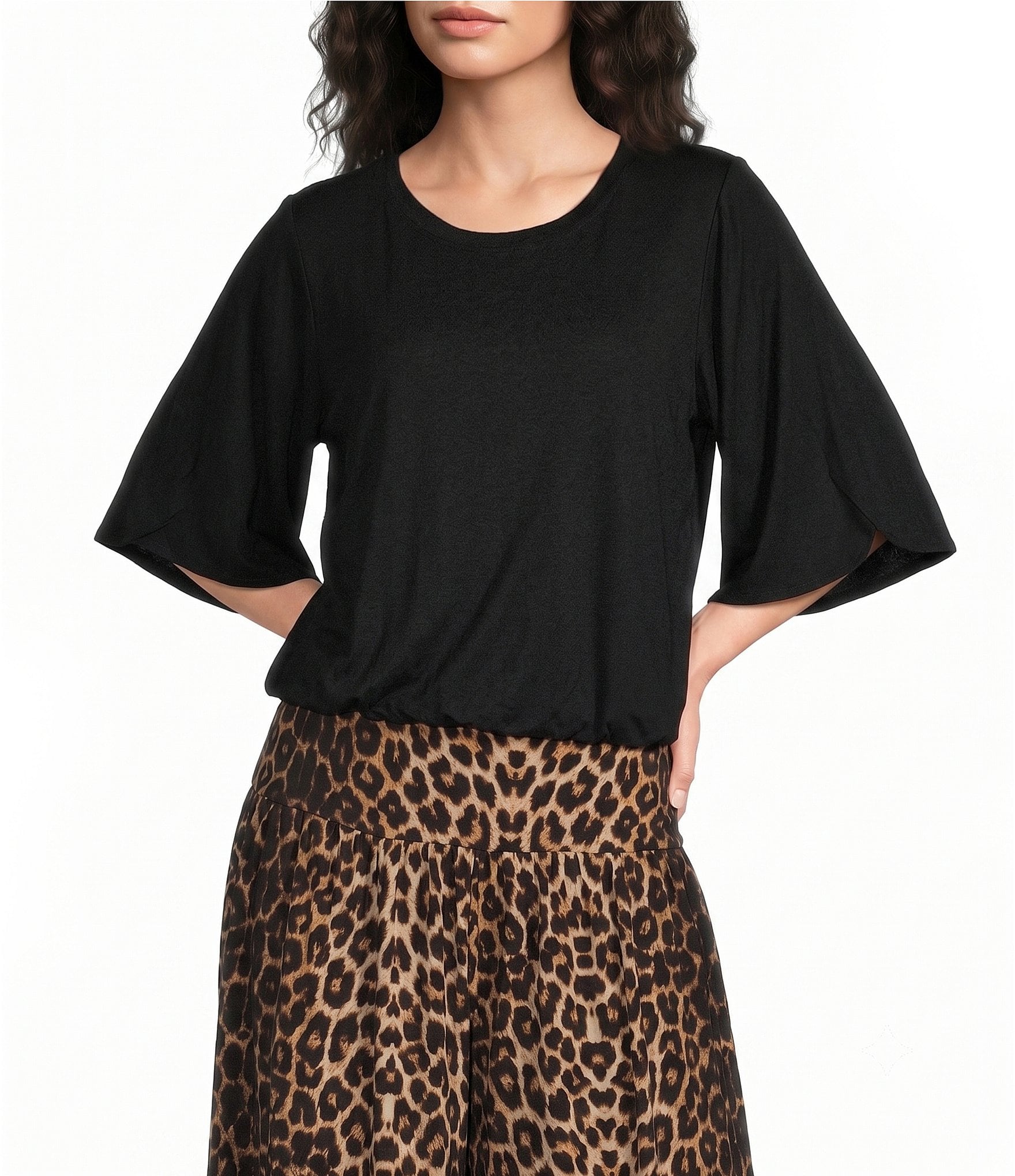 Calessa Knit Round Neck Short Sleeve Elastic Hem Top