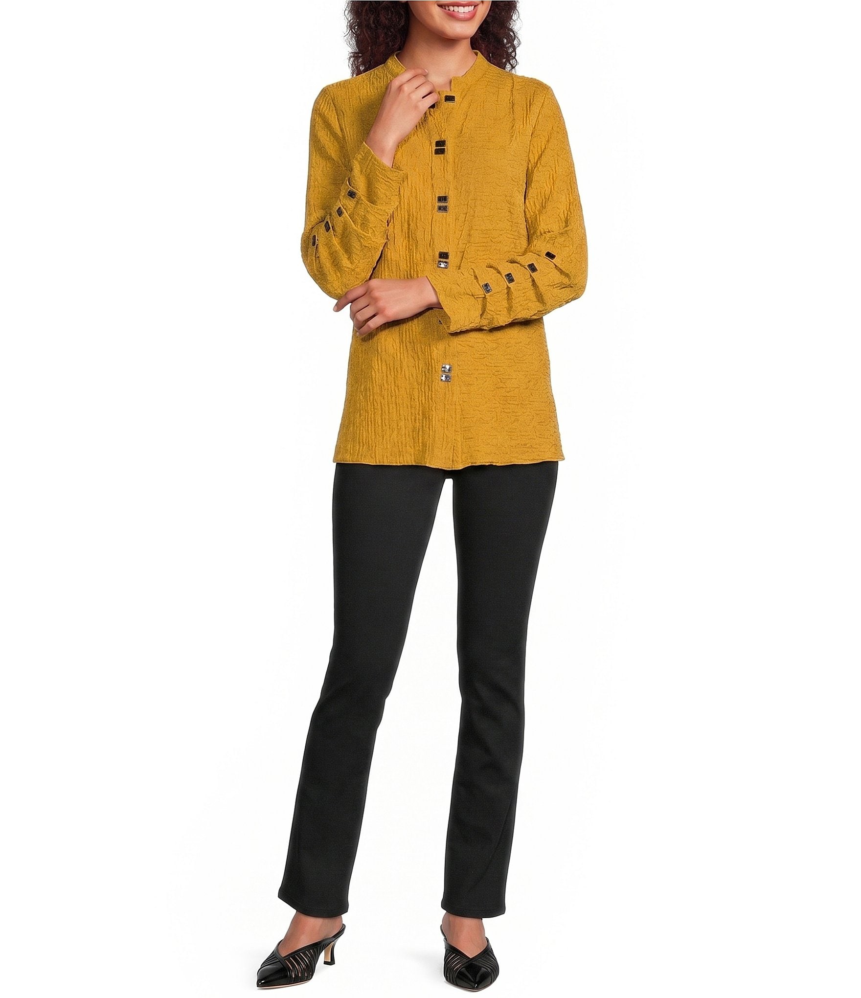 Calessa Mandarin Collar Long Tuck Sleeve Button Detail Tunic