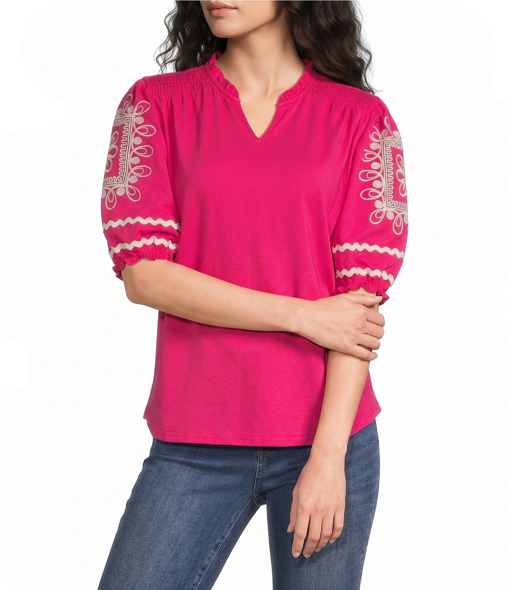 Calessa Knit Split V-Neck Embroidered Elbow Length Balloon Sleeve Blouse