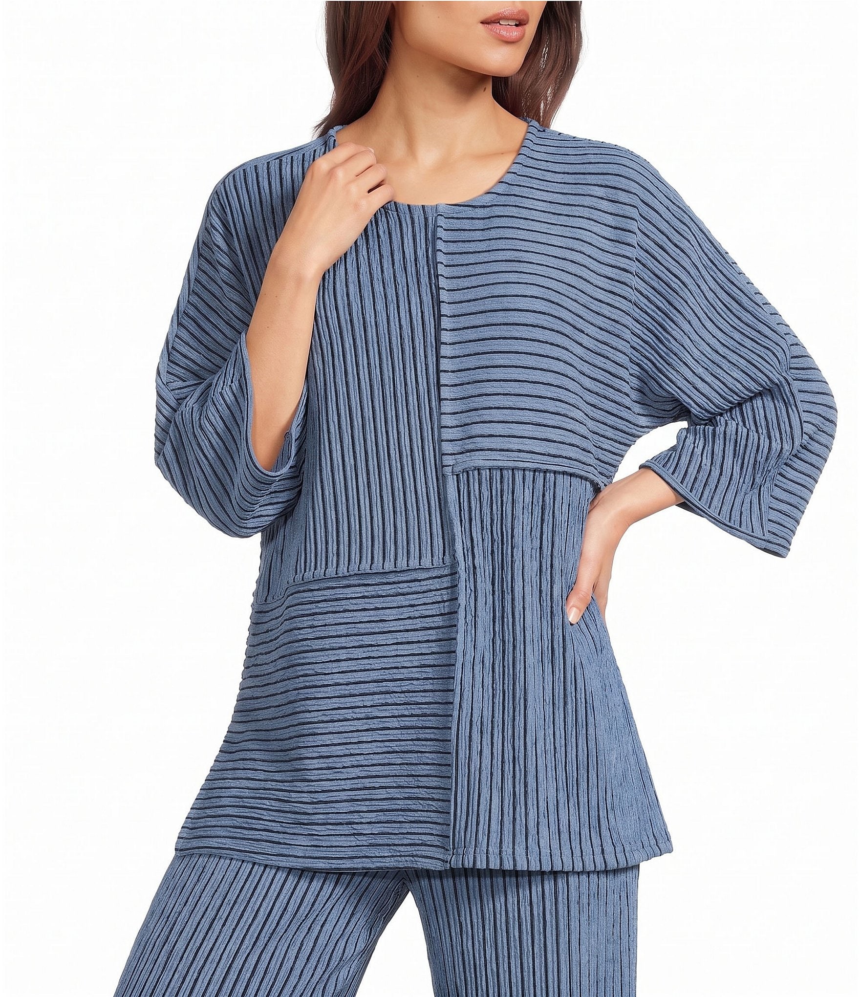 Calessa Knit Stripe Scoop Neck 3/4 Sleeve Coordinating Top