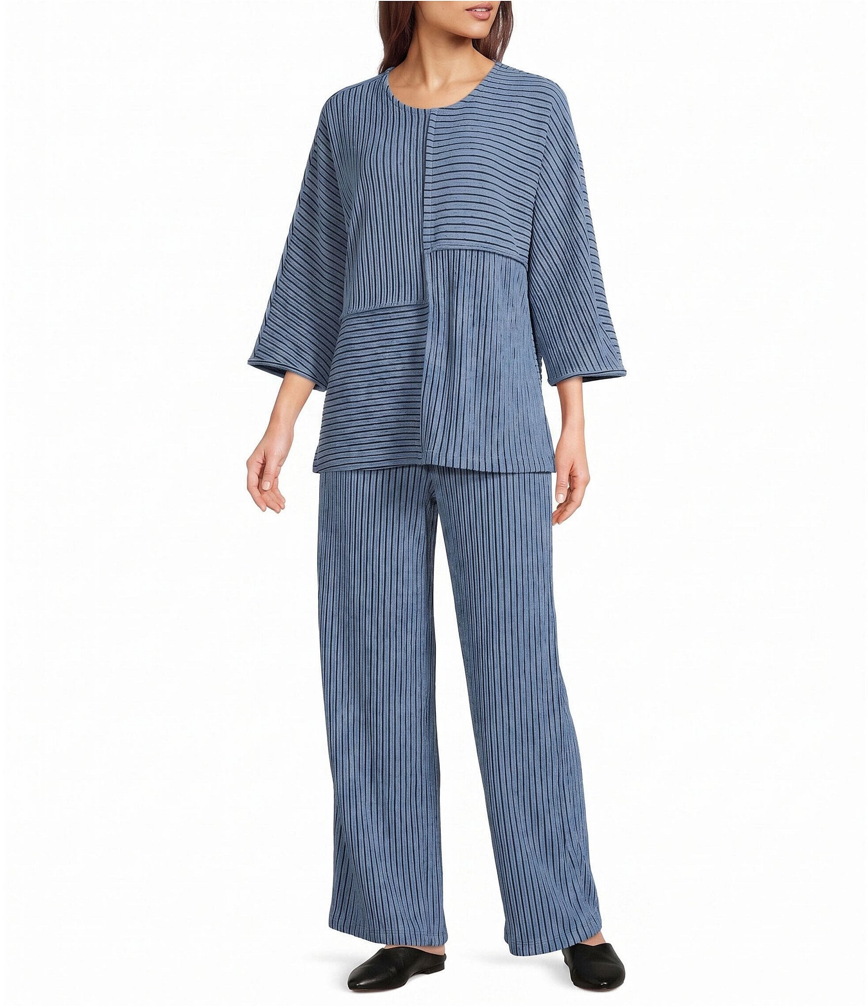 Calessa Knit Stripe Scoop Neck 3/4 Sleeve Coordinating Top