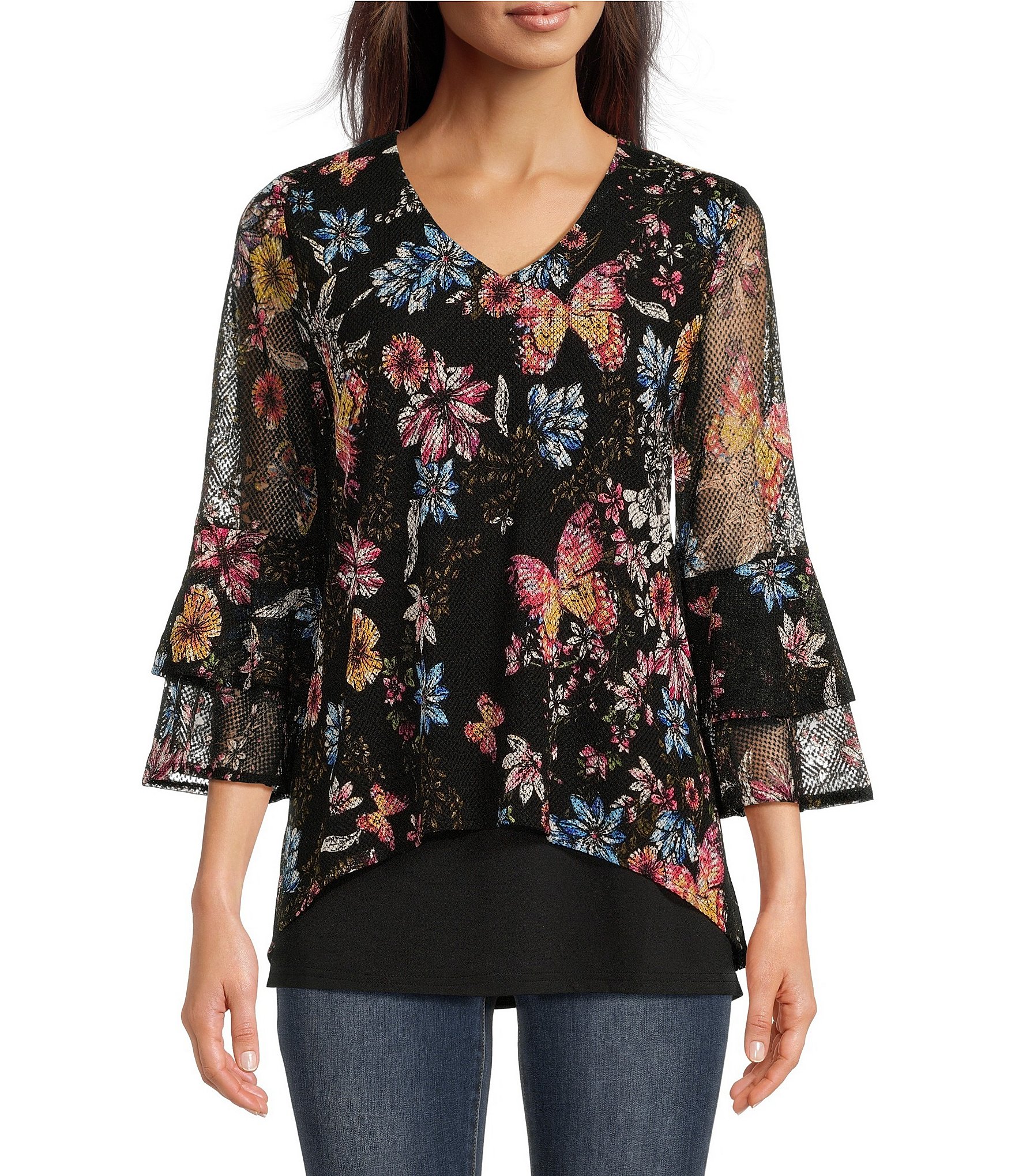 Calessa Mesh Floral Print V-Neck 3/4 Ruffled Sleeve Double High-Low Hem ...