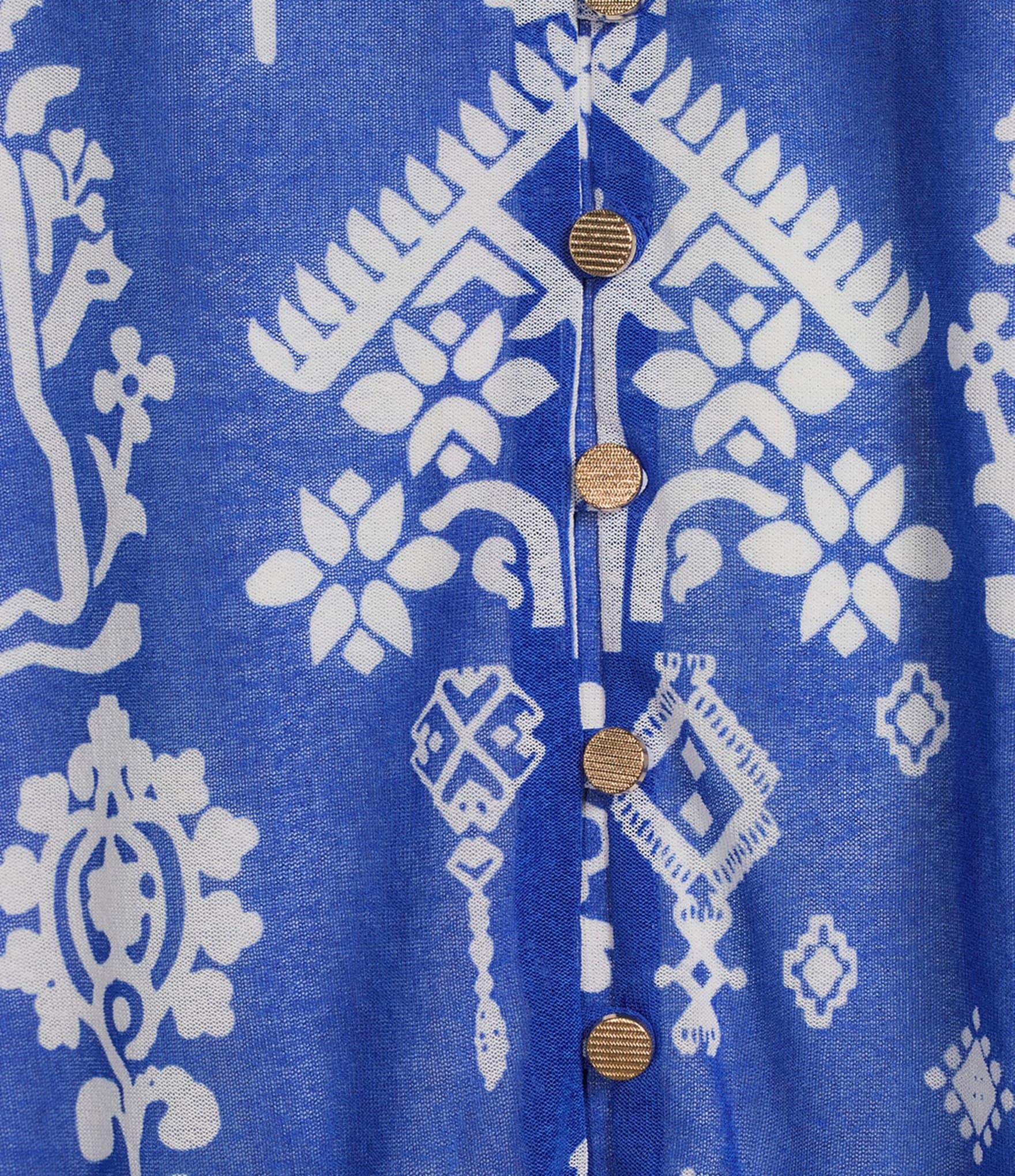 Calessa Mesh Knit Split V-Neck 3/4 Sleeve Border Henna Print Tunic