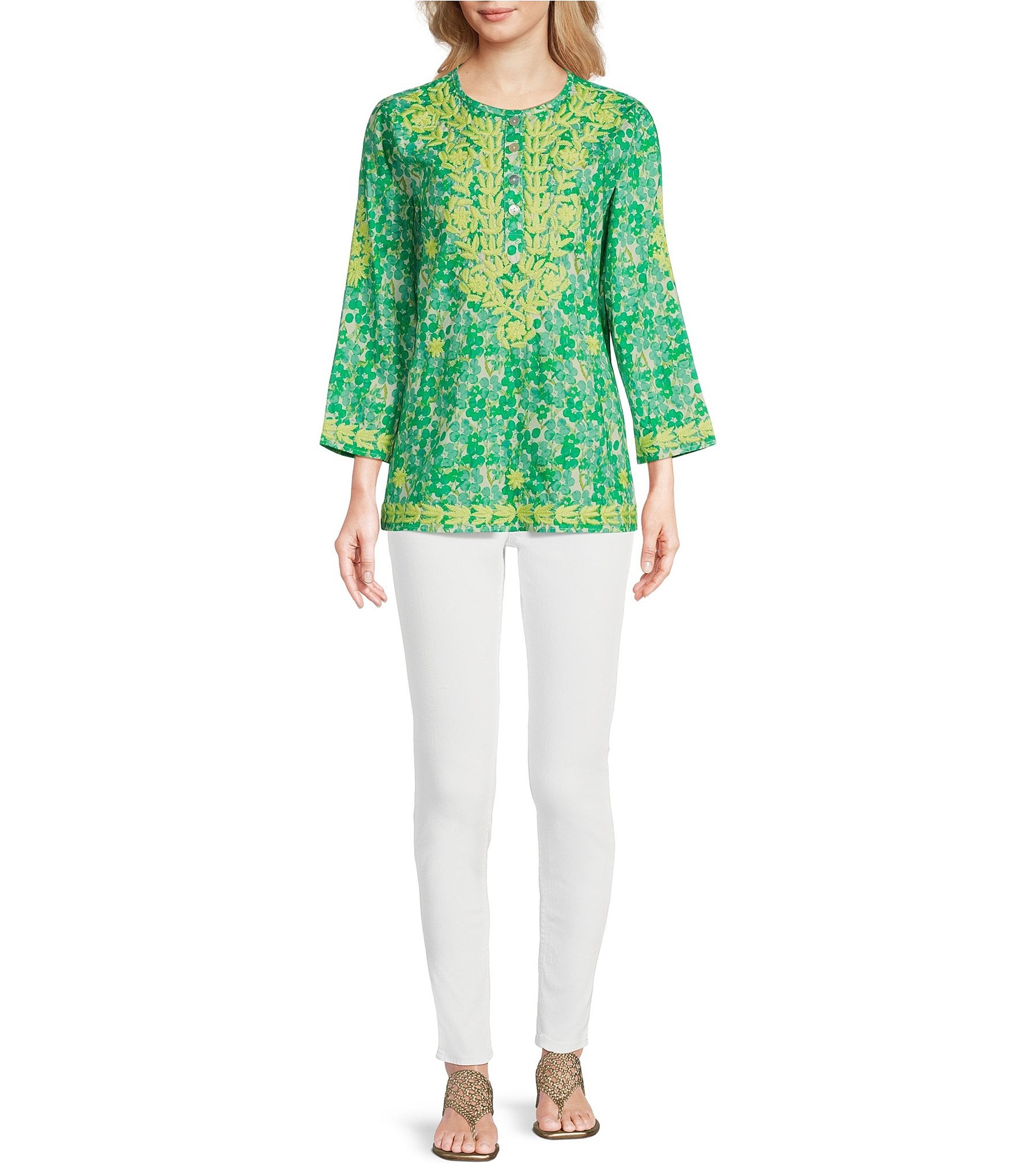 Calessa Mini Floral Embroidered Round Neck Wrist Length Sleeve Tunic