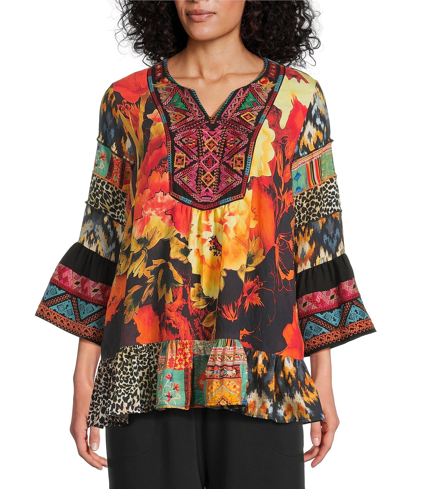 Calessa Mixed Floral Print Embroidered Split V-Neck 3/4 Bell Sleeve Tunic