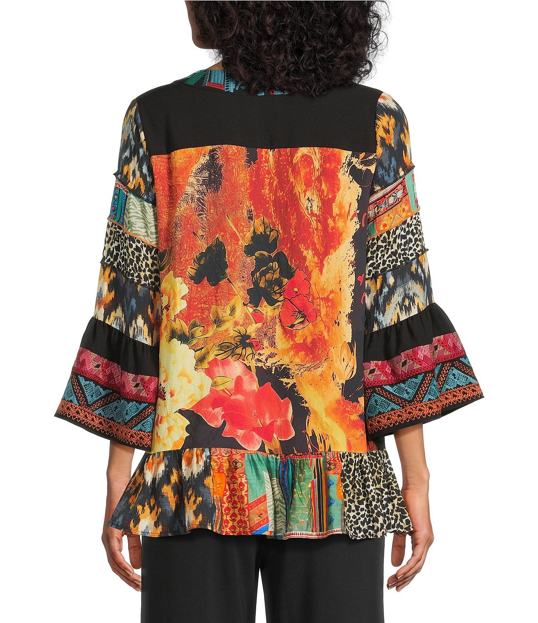 Calessa Mixed Floral Print Embroidered Split V-Neck 3/4 Bell Sleeve Tunic