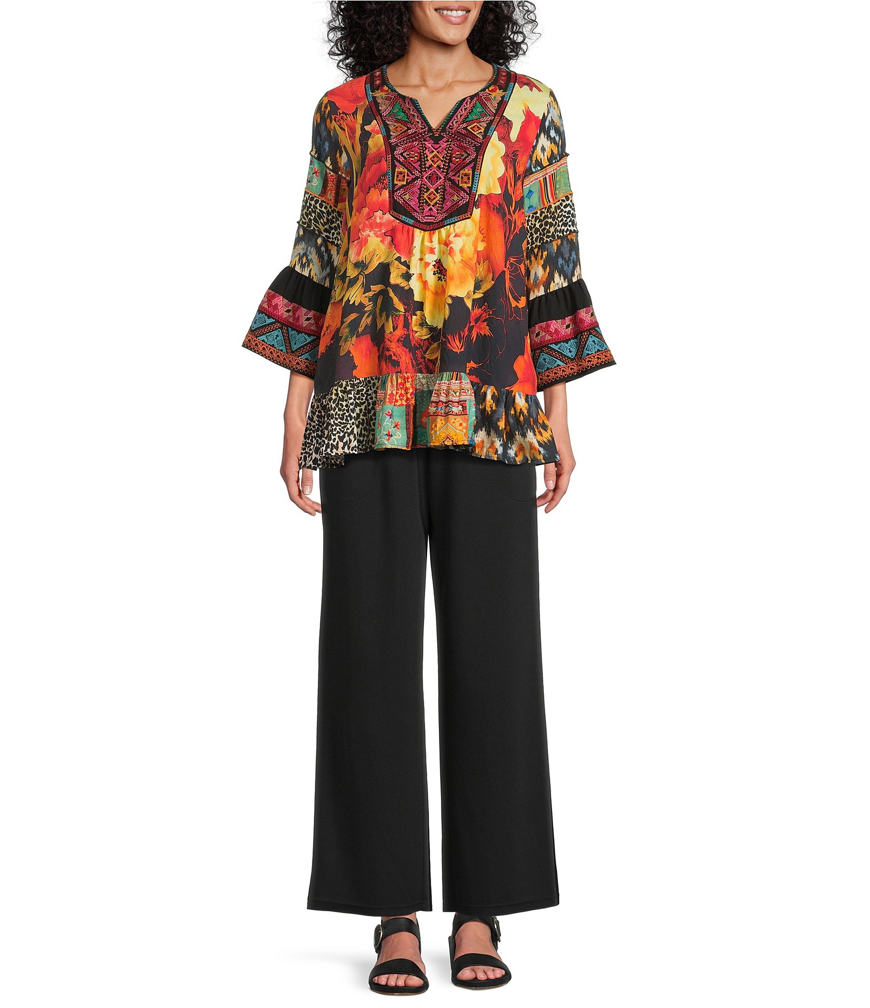 Calessa Mixed Floral Print Embroidered Split V-Neck 3/4 Bell Sleeve Tunic