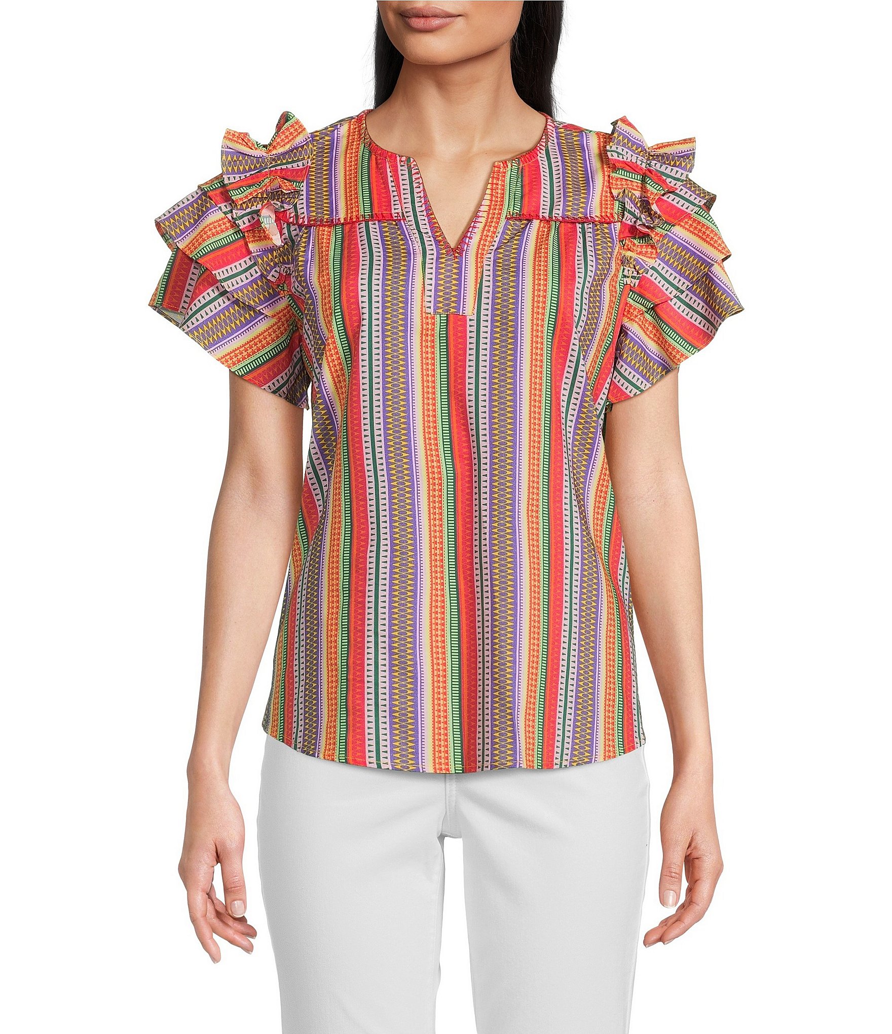 Calessa Multi Stripe Split V-Neck Short Ruffle Sleeve Tunic