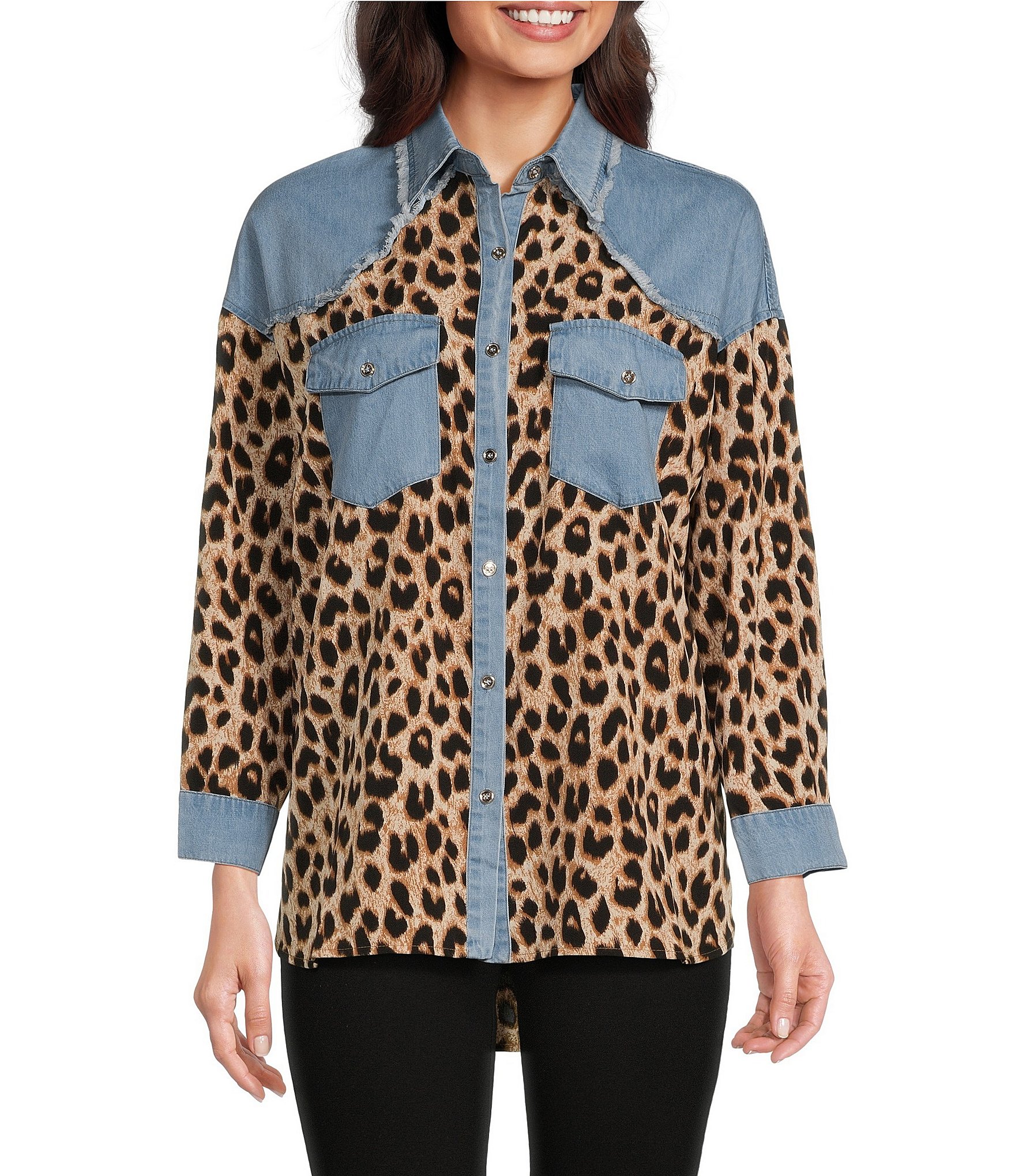 Calessa Denim Trimmed Cheetah Printed Collared Neckline 3 4 Sleeve Top