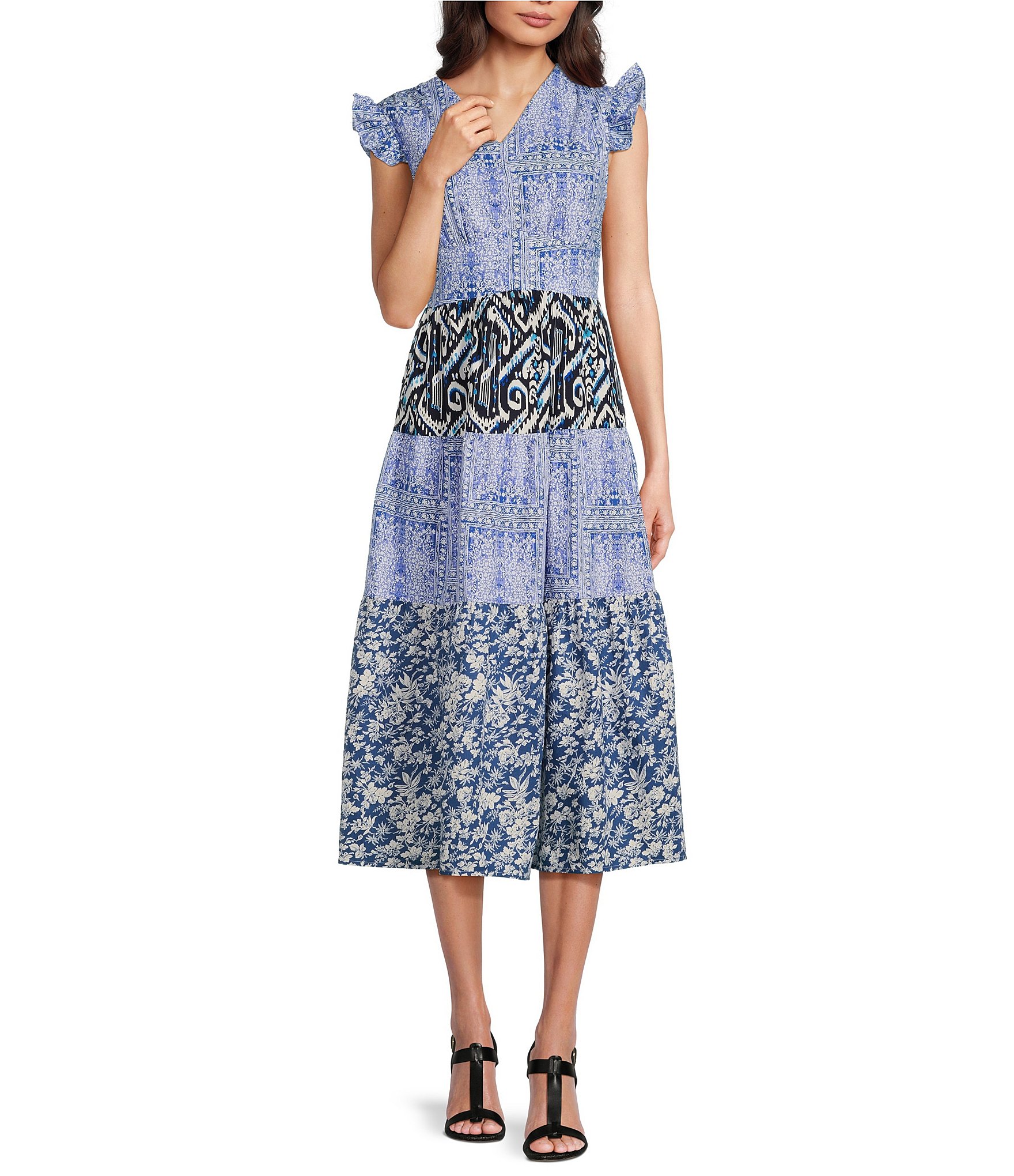 Calessa Patchwork Print V-Neck Cap Sleeve Midi Dress | Dillard's