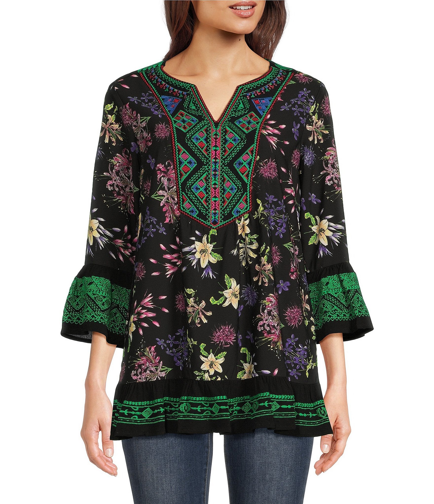 Calessa Petite Size Abstract Floral Print Split V-Neck 3/4 Bell Sleeve ...
