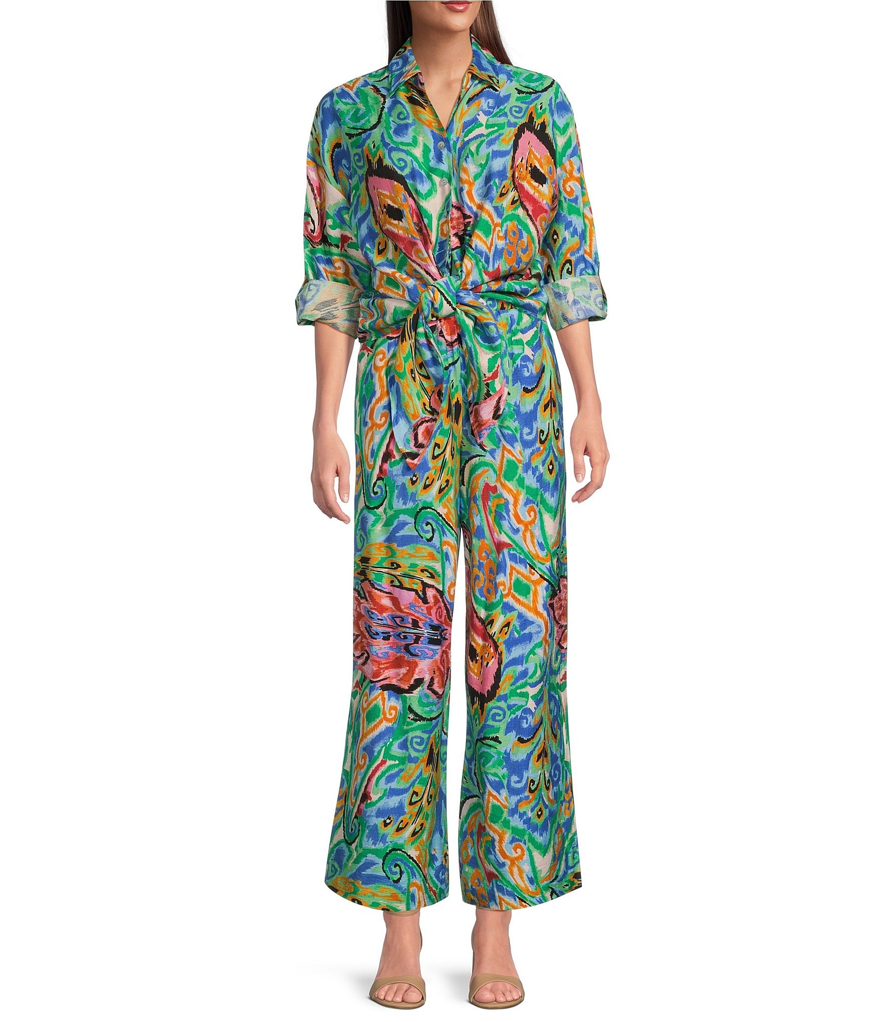 Calessa Petite Size Coordinating Abstract Mosaic Print Point Collar Long Sleeve Tie-Front Blouse