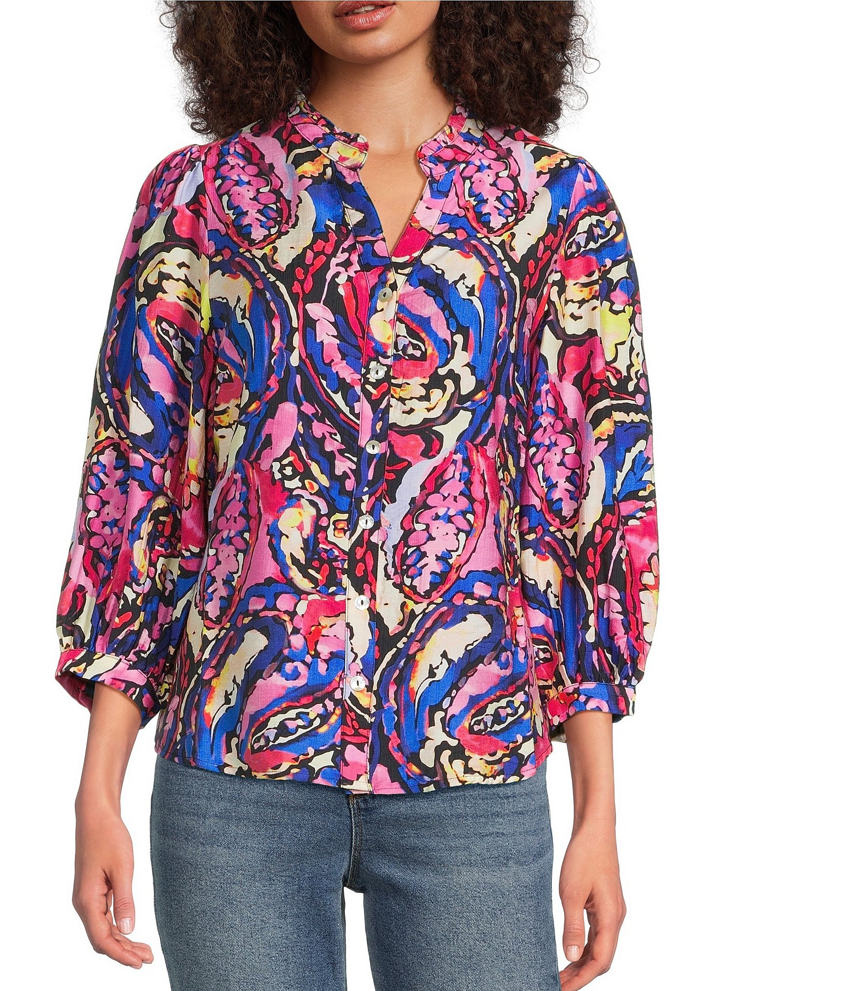 Calessa Petite Size Abstract Patchwork Round Split V-Neck 3/4 Sleeve Button Front Tunic