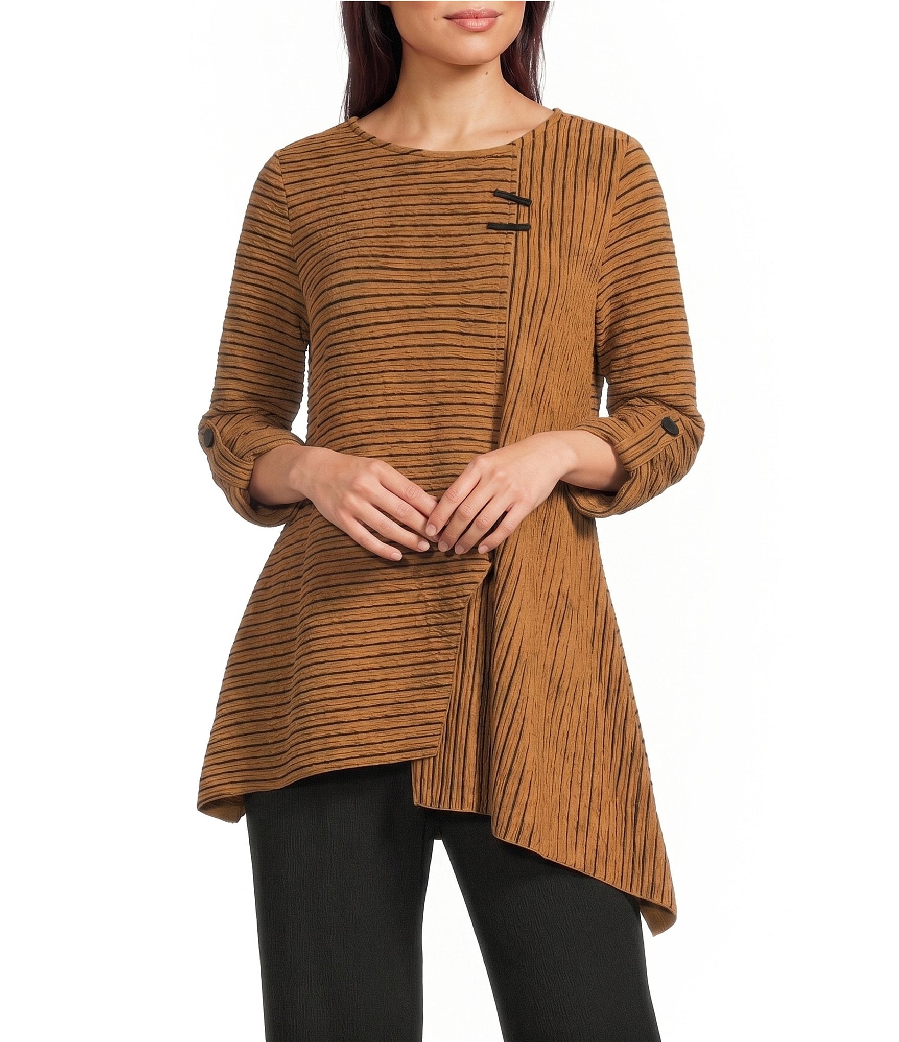 Calessa Petite Size Coordinating Textured Knit Stripe Round Neck Short Sleeve Asymmetric Tunic