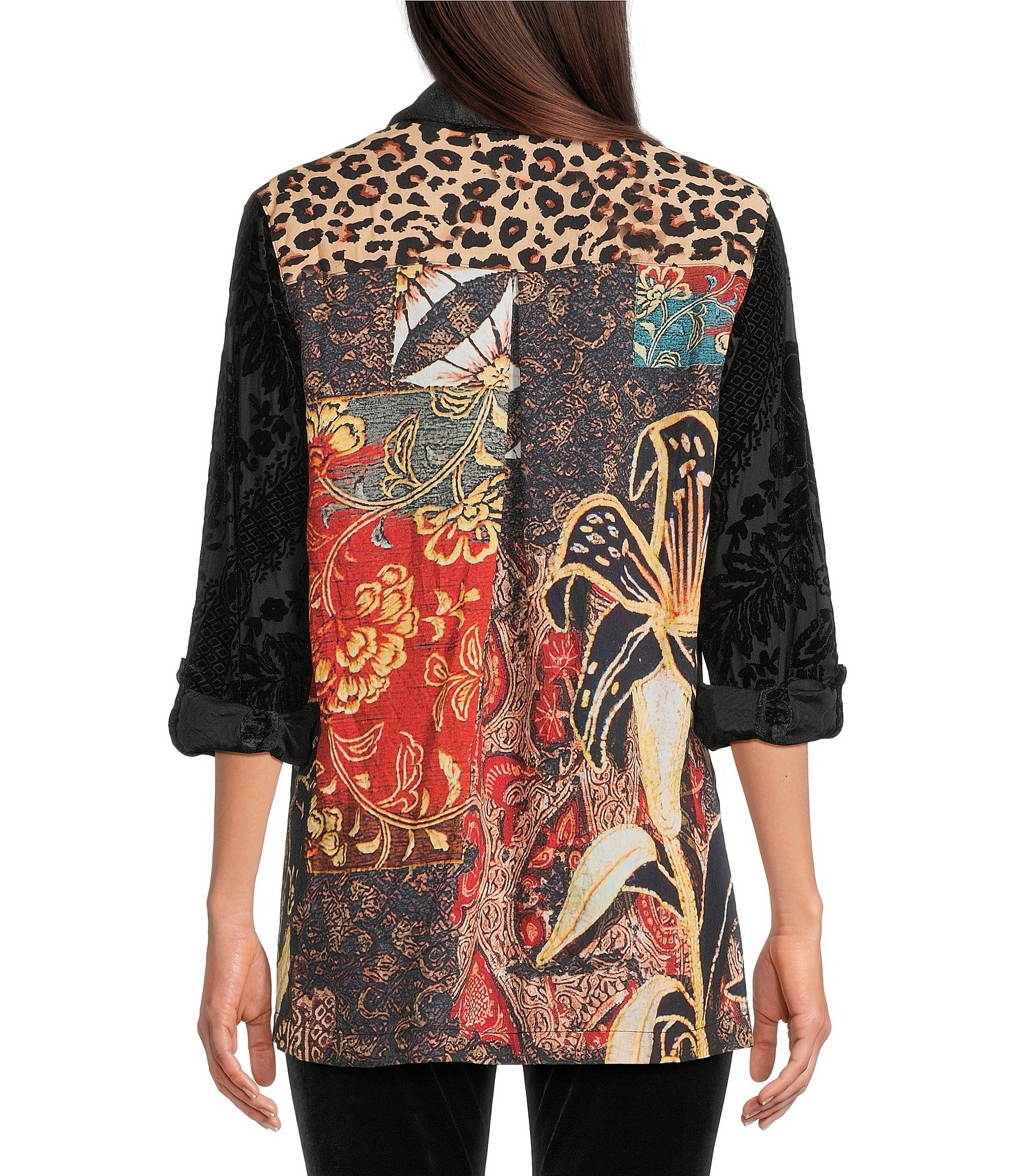 Calessa Petite Size Crinkle Burnout Patchwork Point Collar Long Roll-Tab Sleeve Button Front Tunic