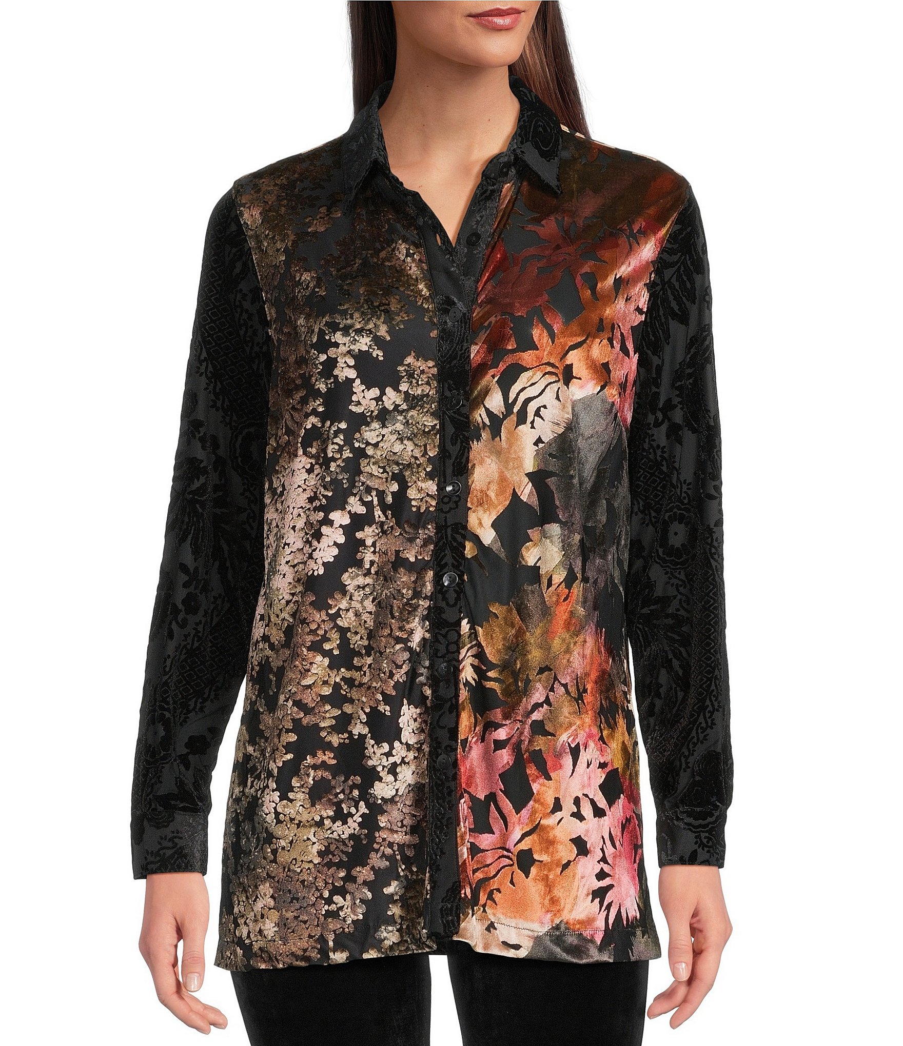 Calessa Petite Size Crinkle Burnout Patchwork Point Collar Long Roll-Tab Sleeve Button Front Tunic