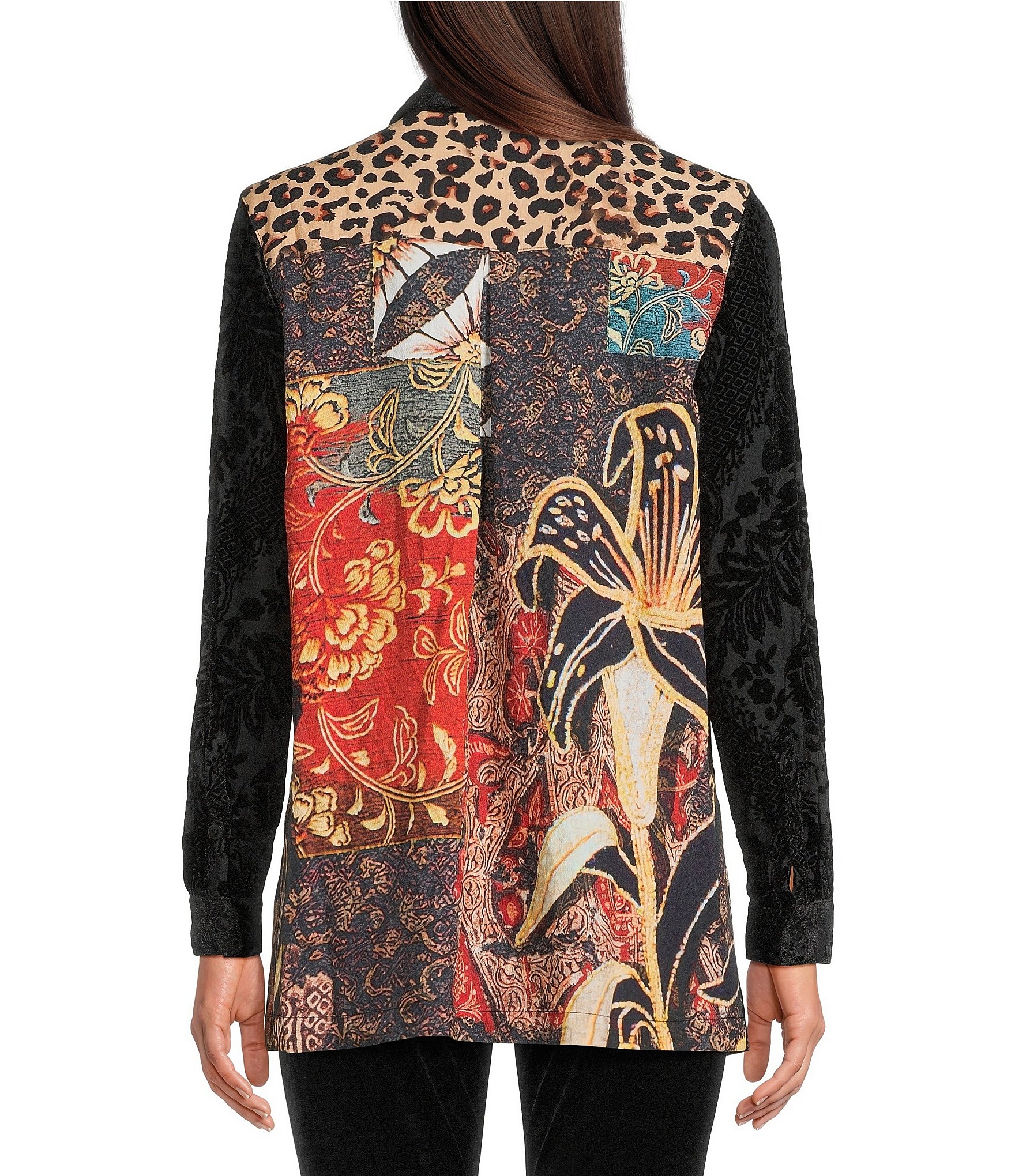 Calessa Petite Size Crinkle Burnout Patchwork Point Collar Long Roll-Tab Sleeve Button Front Tunic