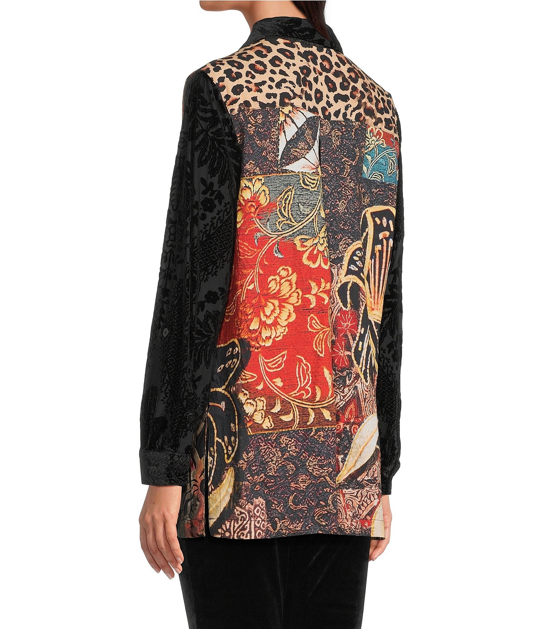 Calessa Petite Size Crinkle Burnout Patchwork Point Collar Long Roll-Tab Sleeve Button Front Tunic