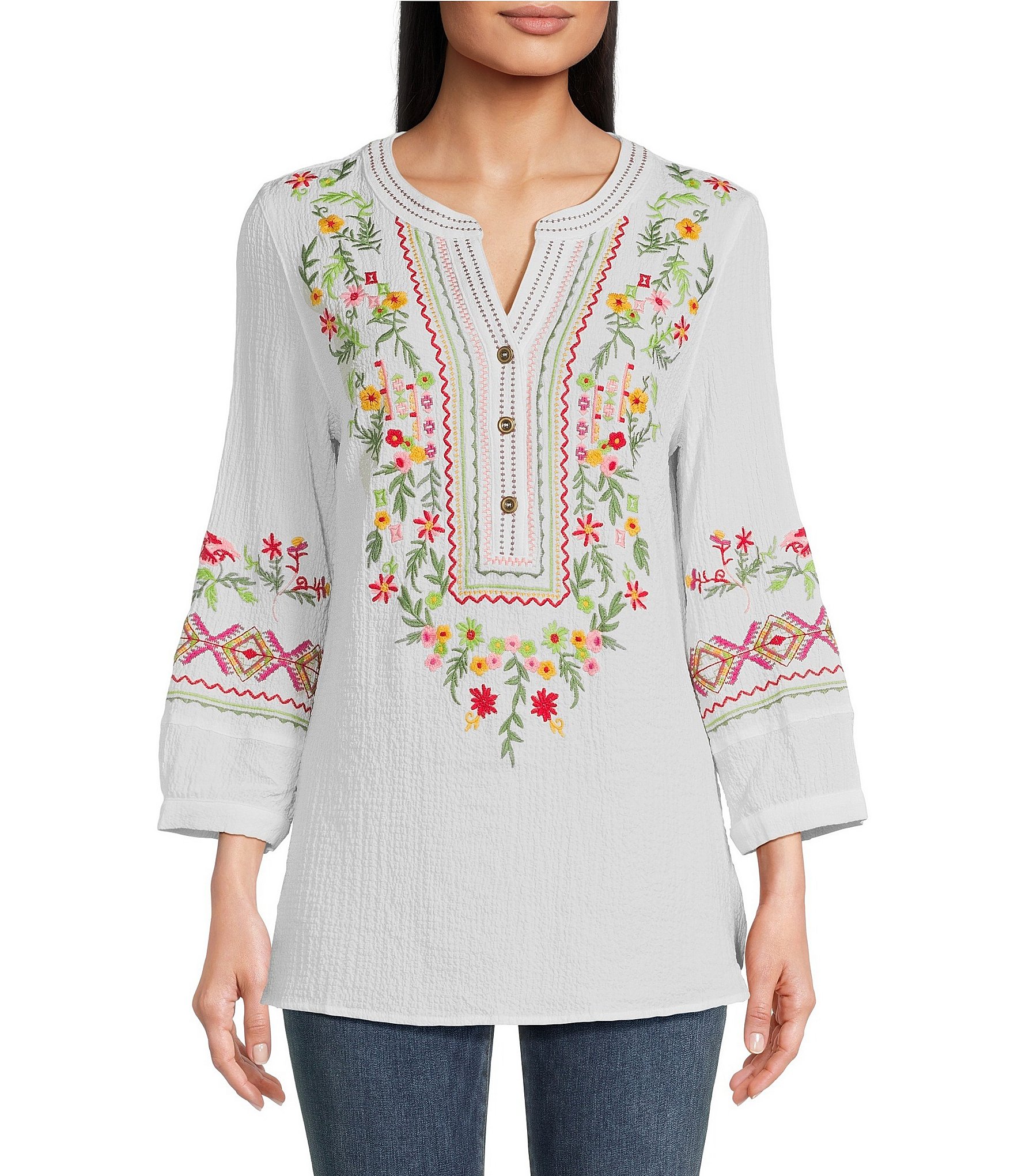 Calessa Petite Size Embroidered Floral Patchwork Split V-Neck 3/4 Sleeve Tunic