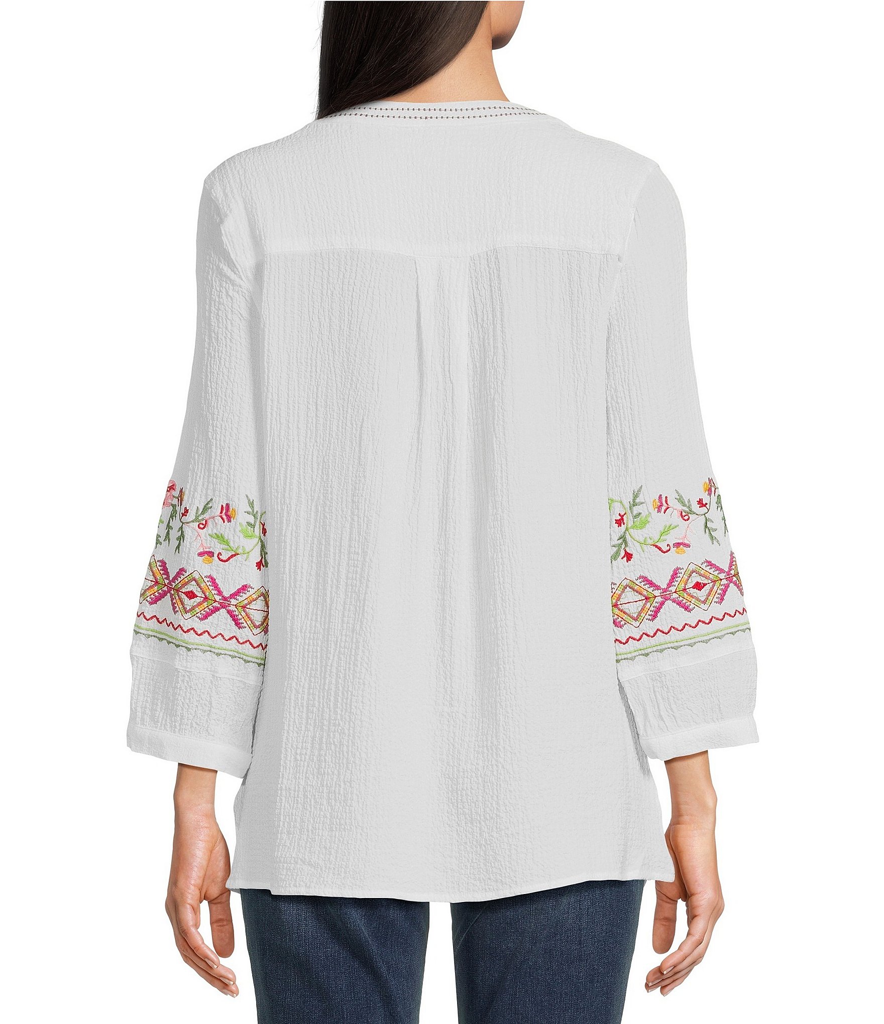 Calessa Petite Size Embroidered Floral Patchwork Split V-Neck 3/4 Sleeve Tunic