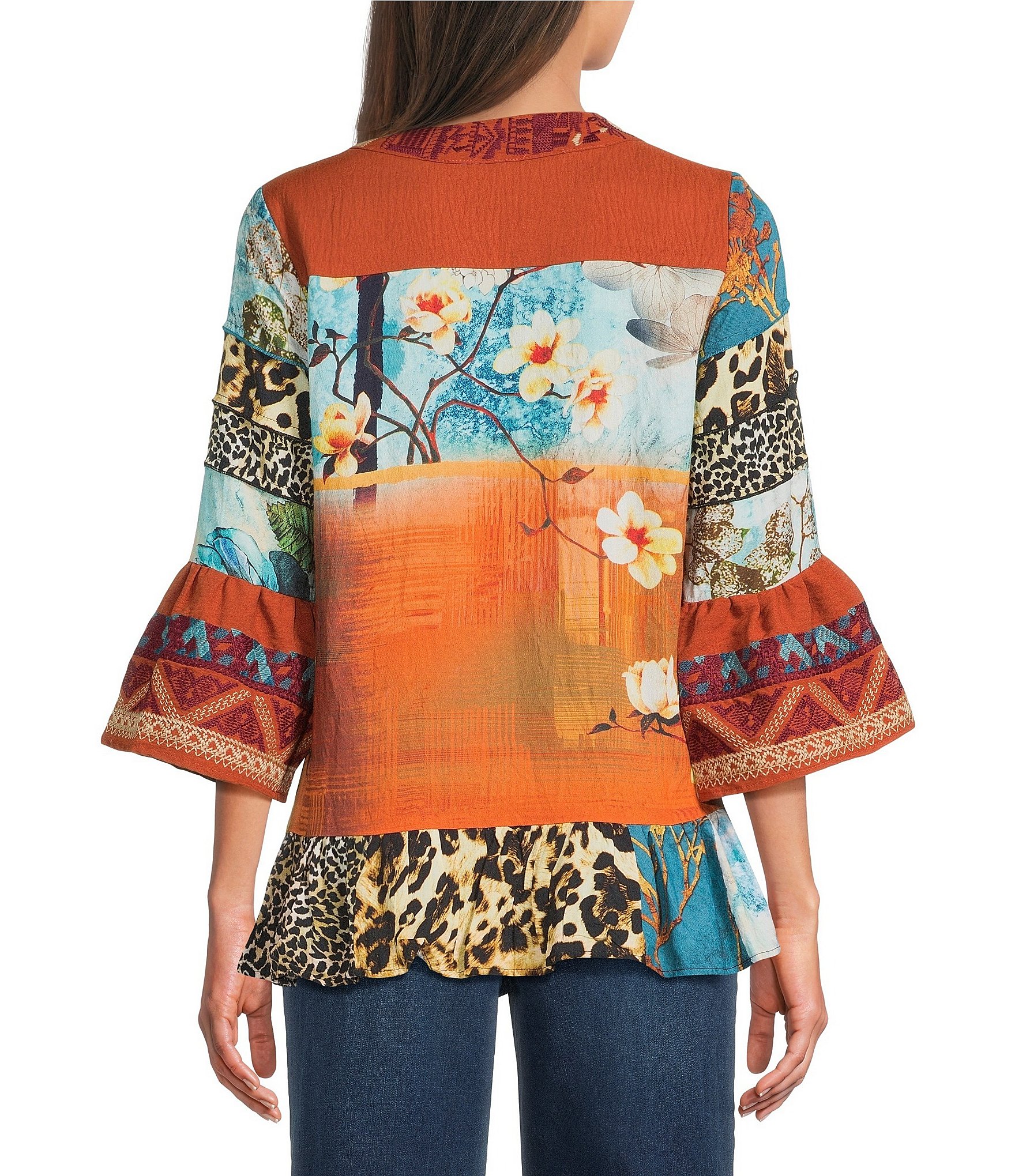 Calessa Petite Size Embroidered Patchwork Split V-Neck 3/4 Sleeve Tunic