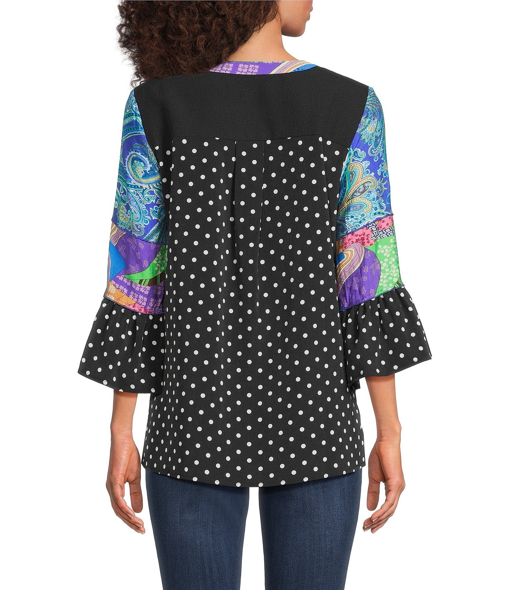 Calessa Petite Size Embroidered Patchwork Split V-Neck 3/4 Polka Dot Print Sleeve Tunic