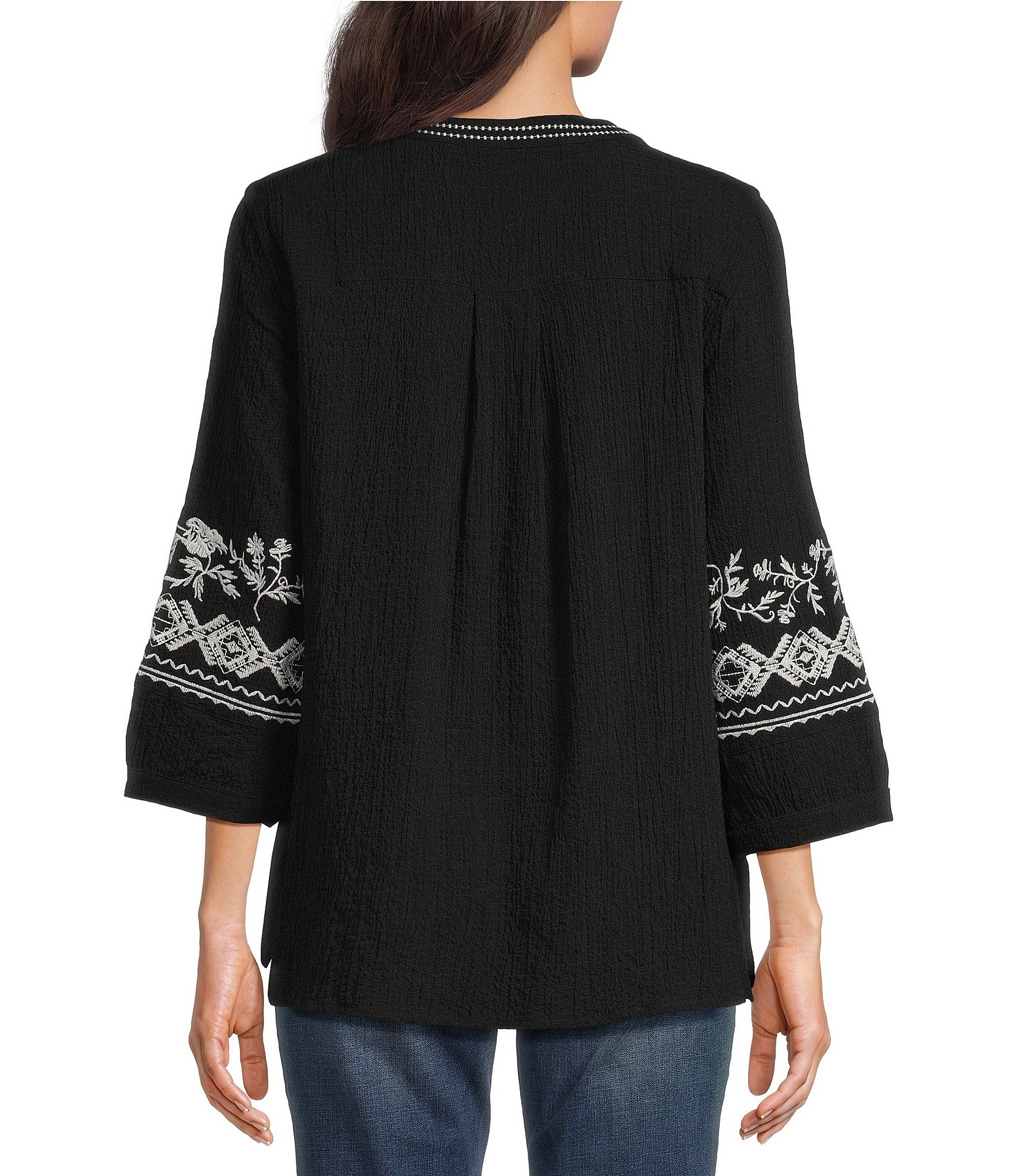 Calessa Petite Size Embroidered Patchwork Split V-Neck Partial Front Button 3/4 Sleeve Tunic