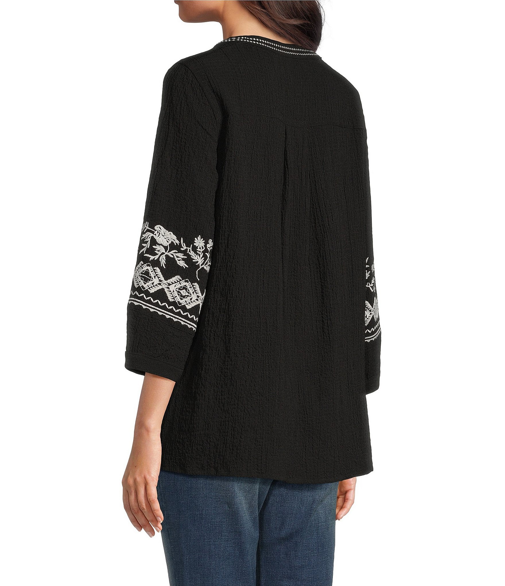 Calessa Petite Size Embroidered Patchwork Split V-Neck Partial Front Button 3/4 Sleeve Tunic