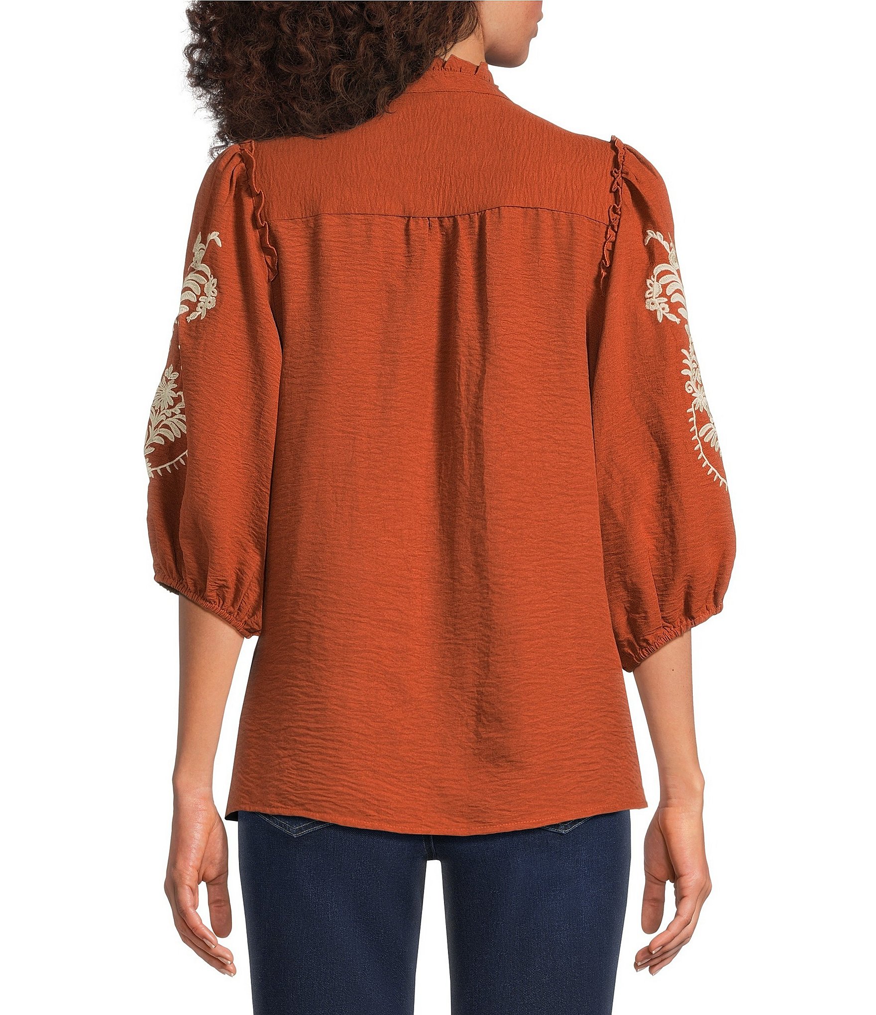 Calessa Petite Size Embroidered Ruffle Split V-Neck 3/4 Sleeve Button Front Tunic