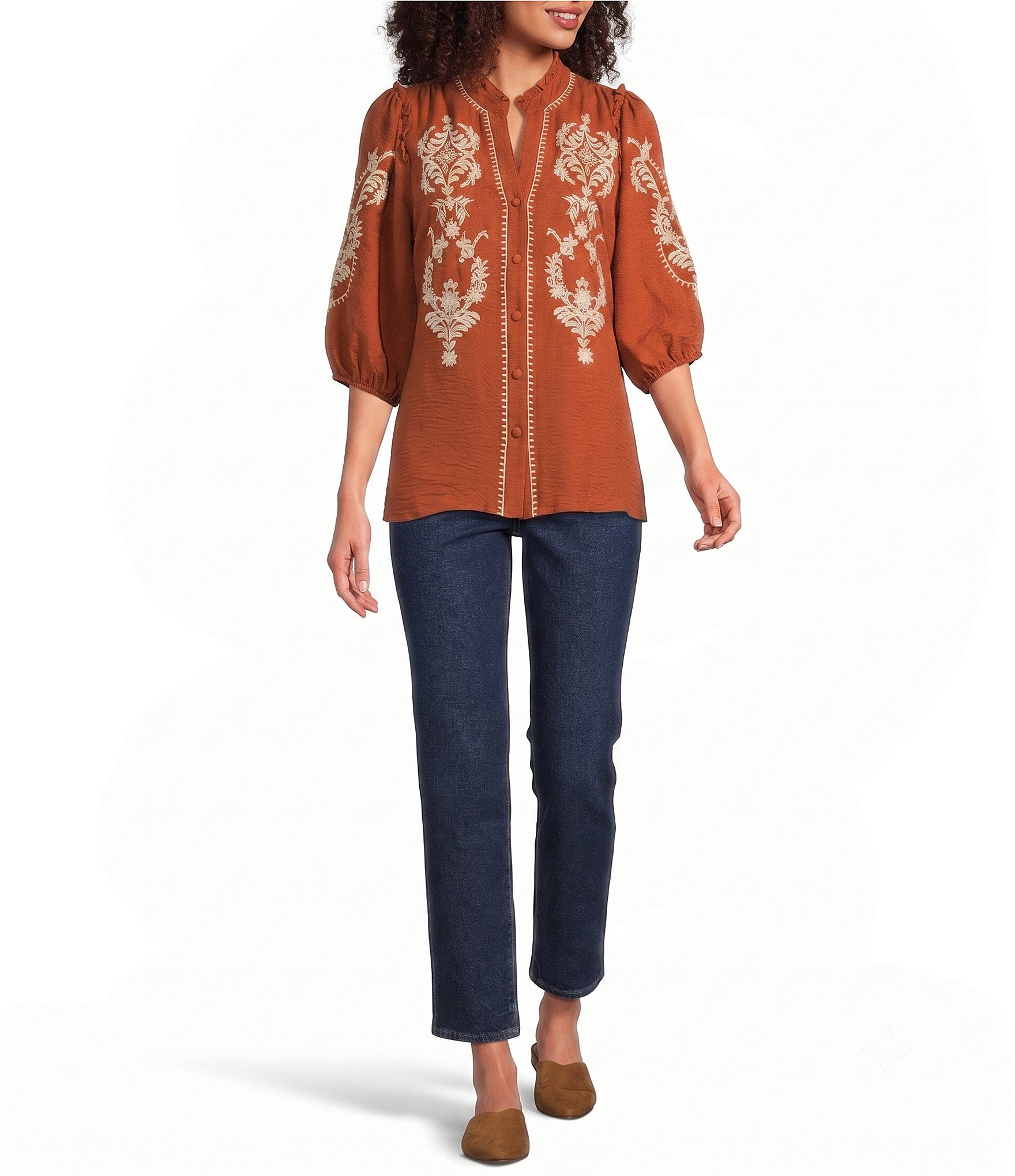 Calessa Petite Size Embroidered Ruffle Split V-Neck 3/4 Sleeve Button Front Tunic