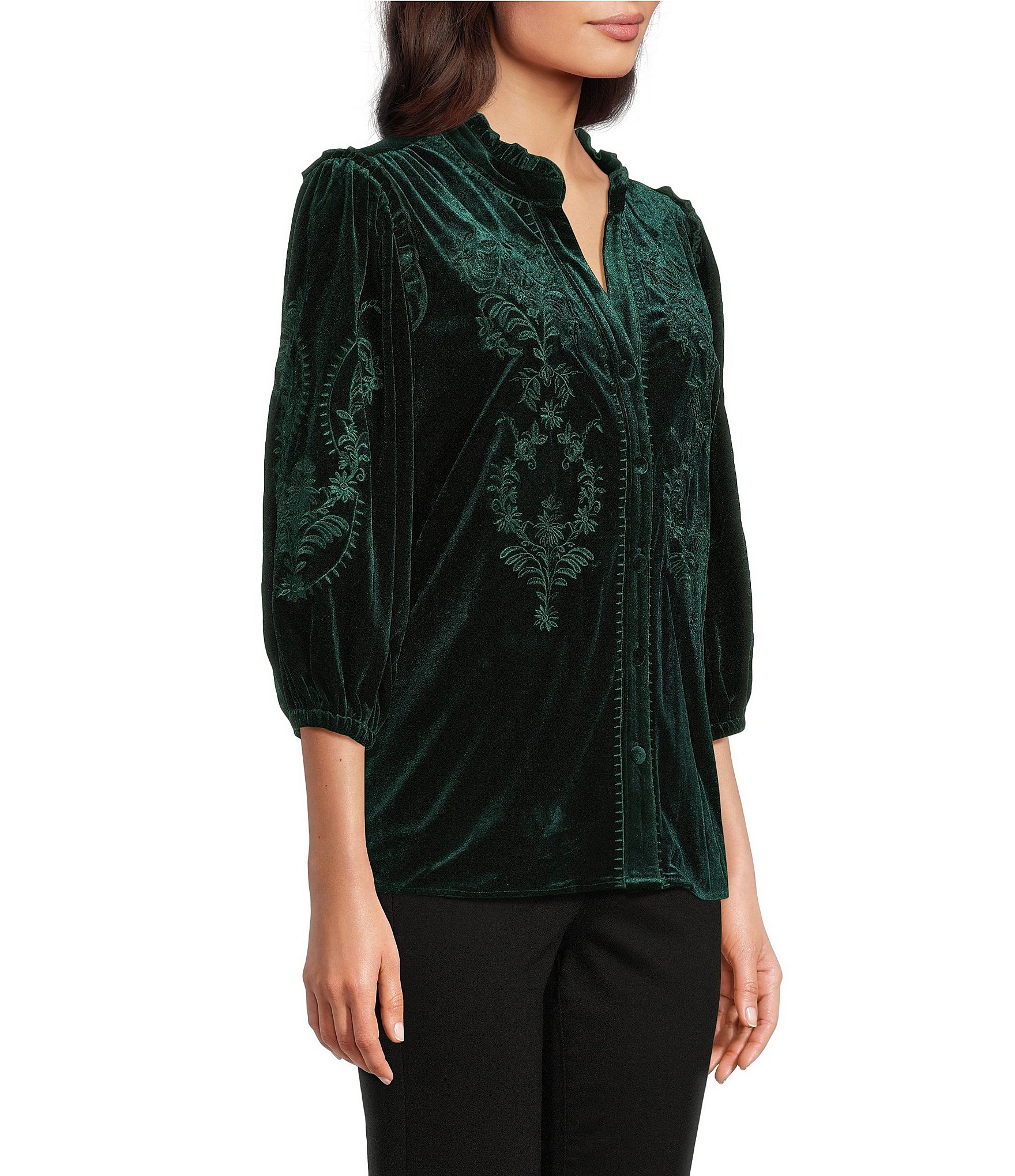 Calessa Petite Size Embroidered Ruffle Split V-Neck Long Sleeve Button Front Velvet Tunic