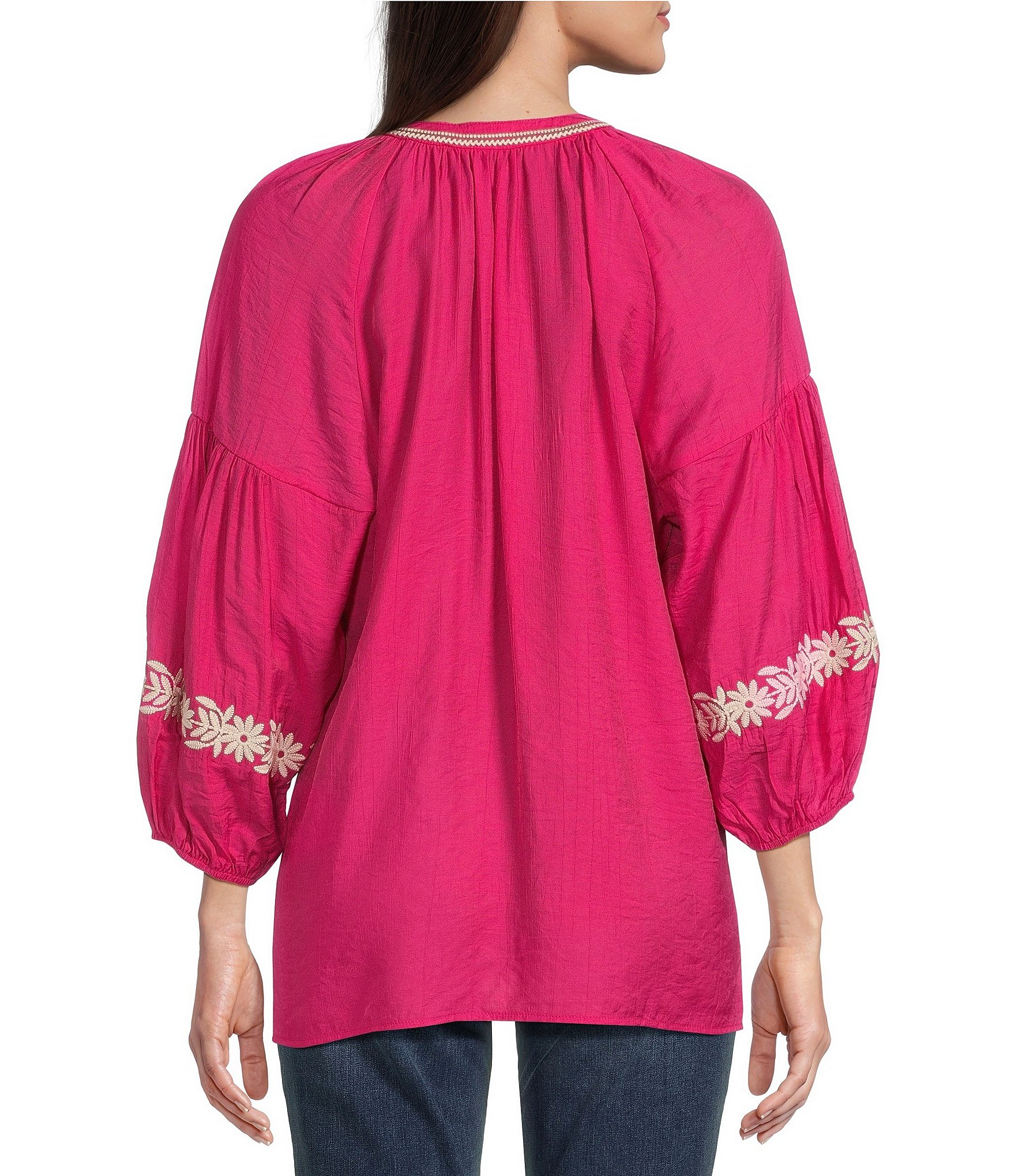 Calessa Petite Size Embroidered Split Neck Bracelet Length Sleeve Tunic
