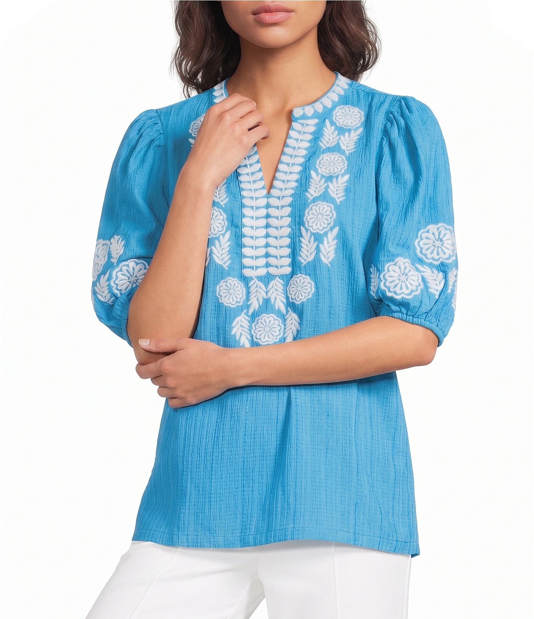 Calessa Petite Size Embroidered Split V-Neck Elbow Puff Sleeve Tunic