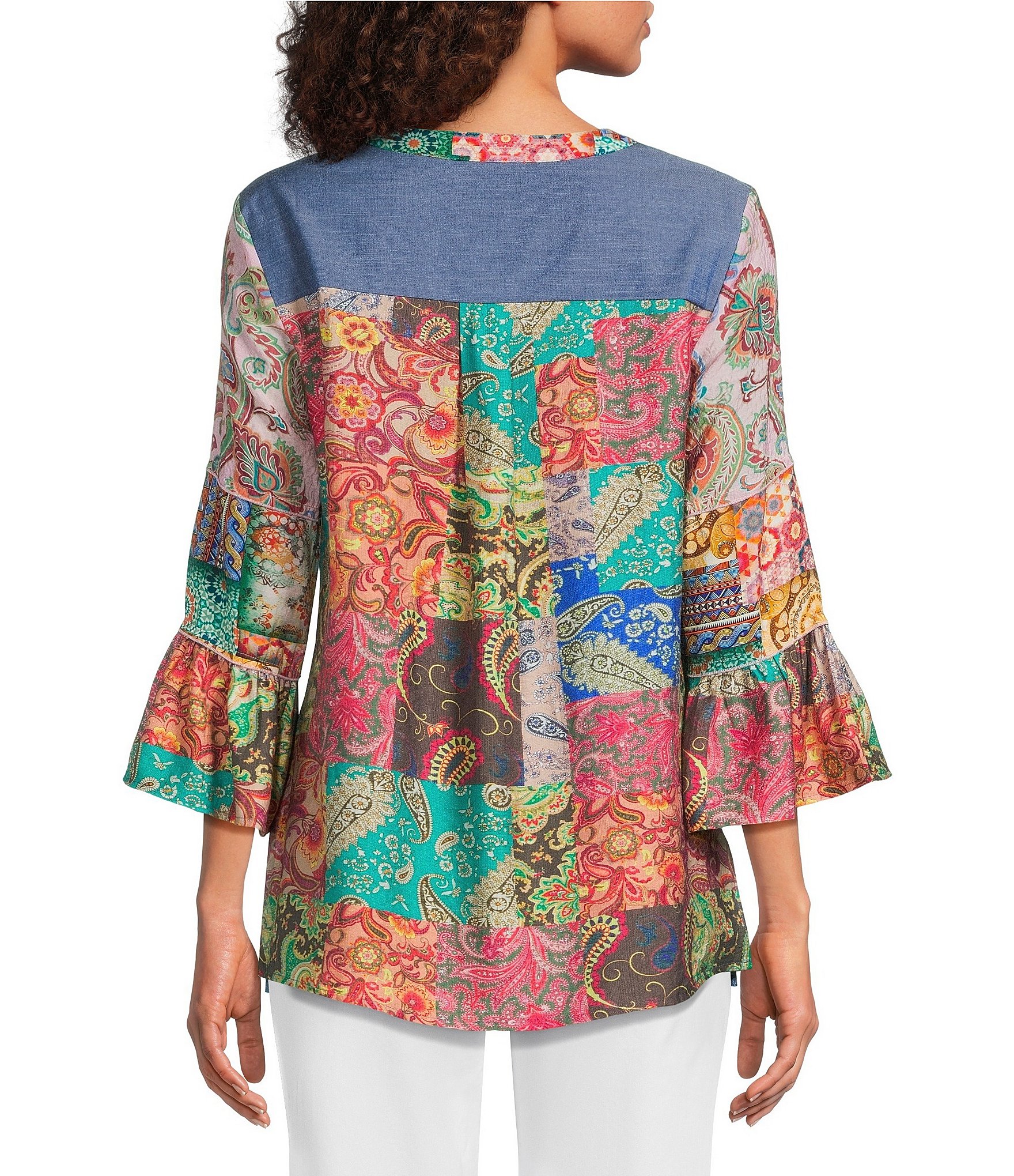Calessa Petite Size Embroidered Split V-Neck Patchwork-Sleeve Tunic