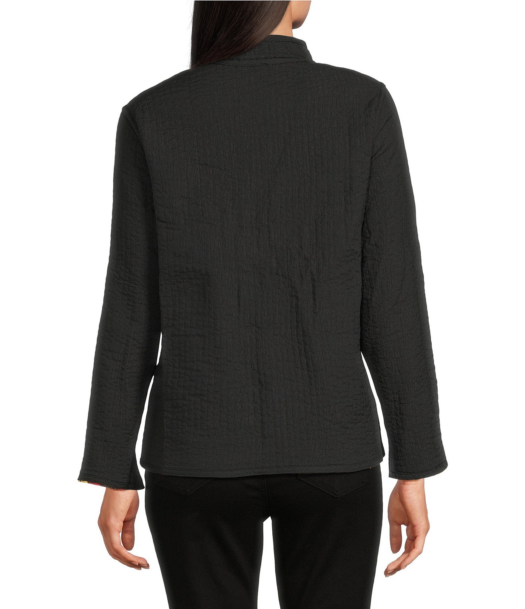 Calessa Petite Size Festive Patchwork Stand Collar Long Sleeve Button-Front Reversible Shirt Jacket