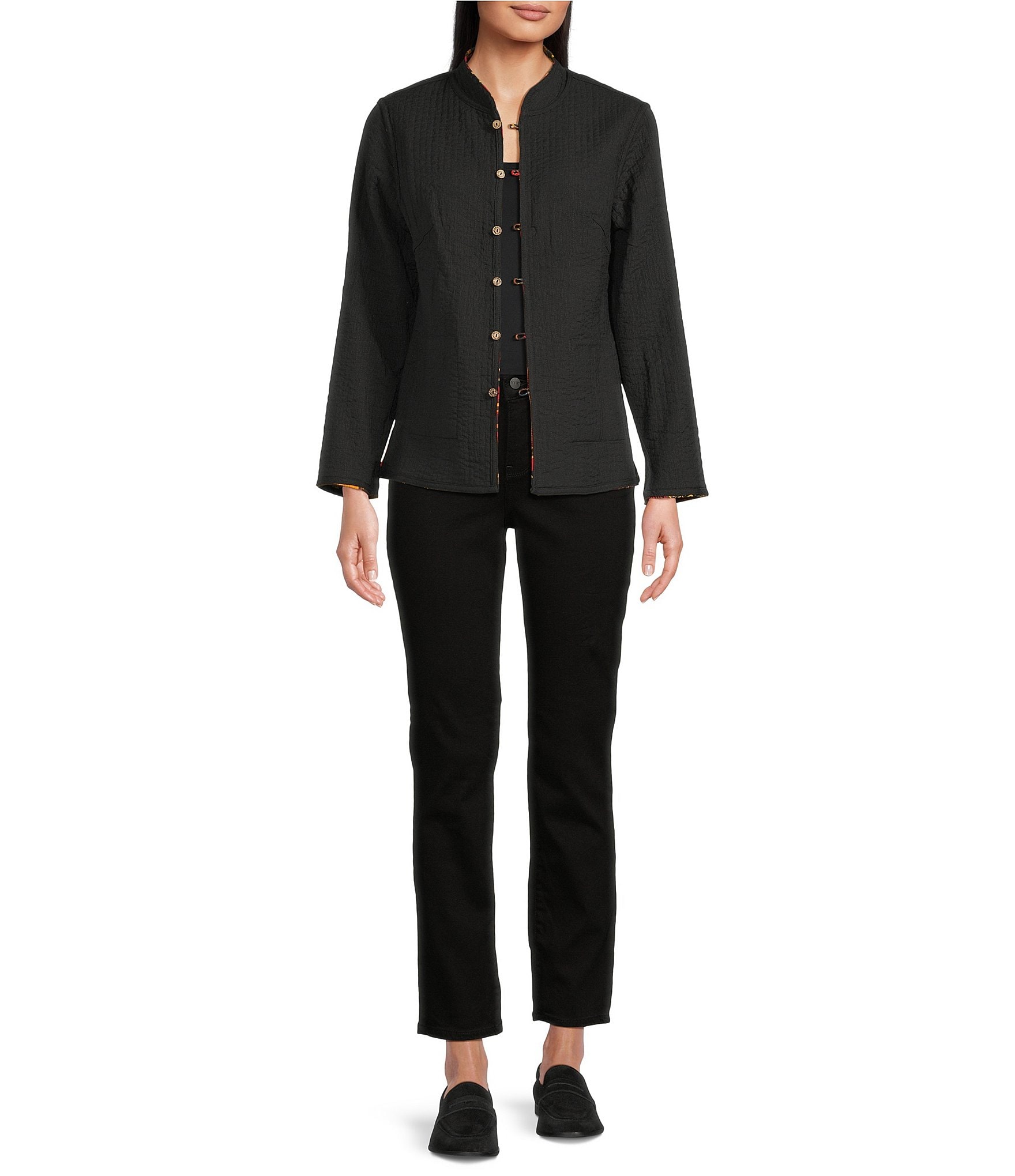 Calessa Petite Size Festive Patchwork Stand Collar Long Sleeve Button-Front Reversible Shirt Jacket