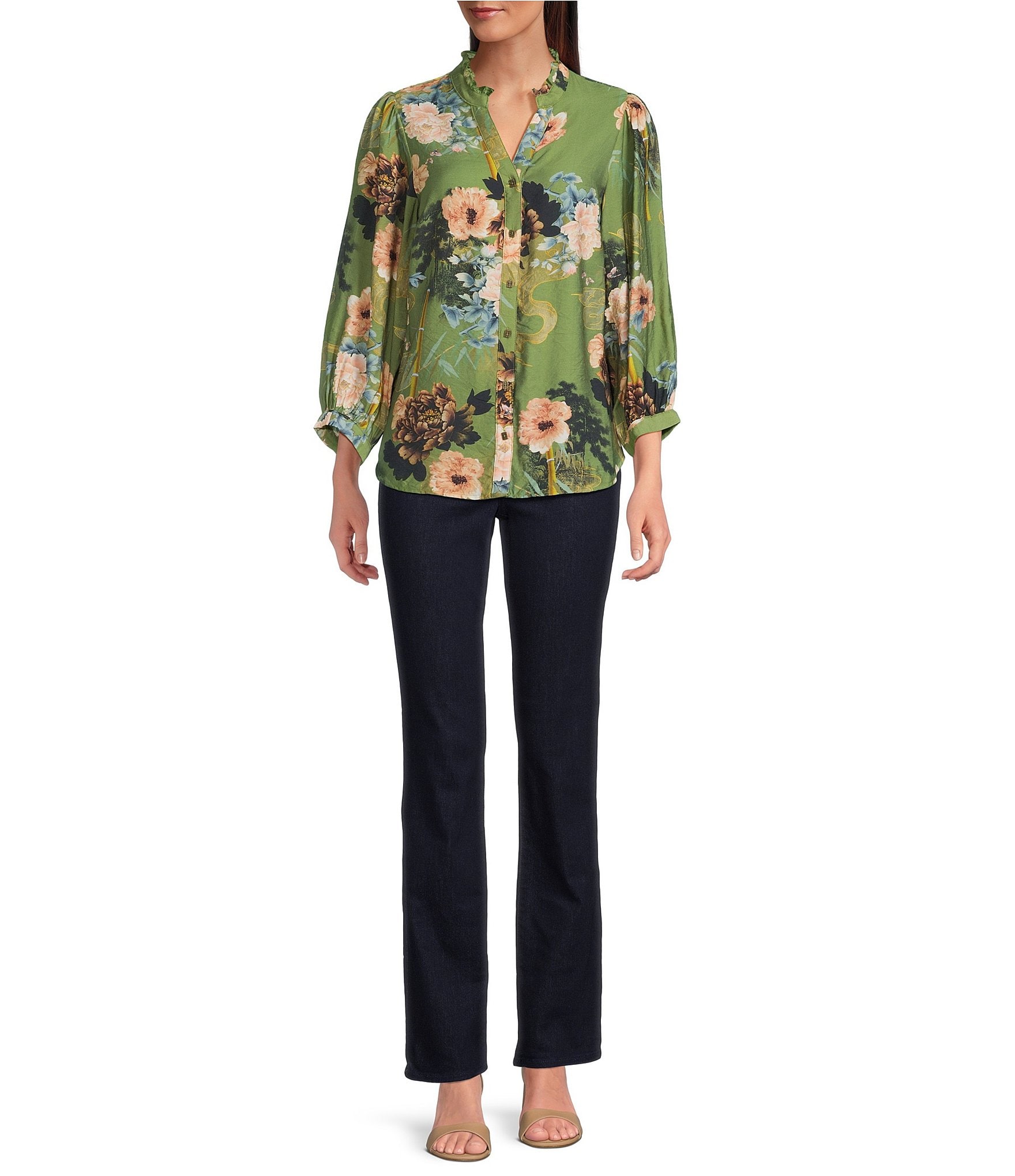 Calessa Petite Size Floral Split V-Neck Bracelet Sleeve Button Front Tunic