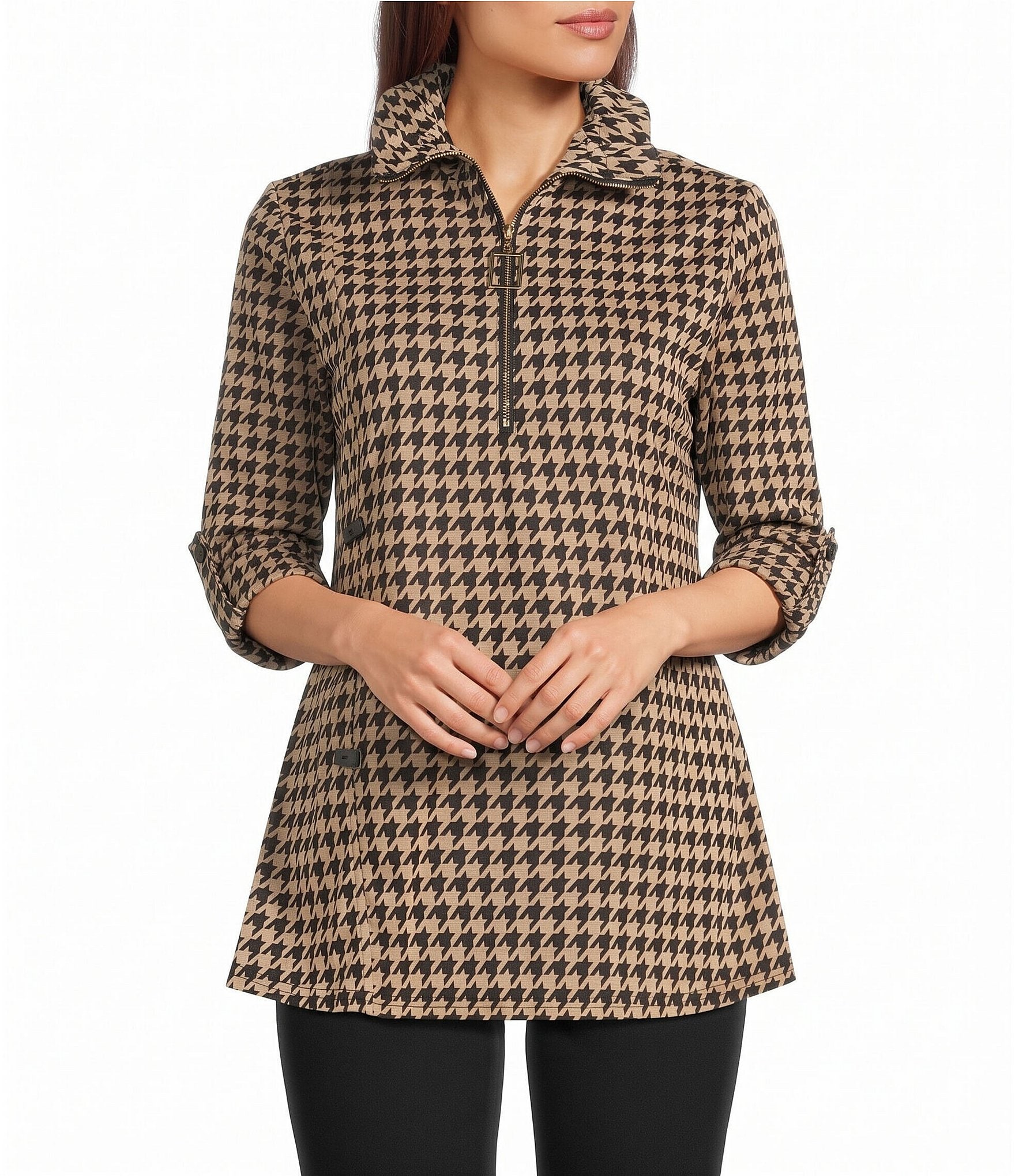 Calessa Petite Size Knit Houndstooth Quarter Zip Mock Neck 3/4 Roll-Tab Sleeve Top